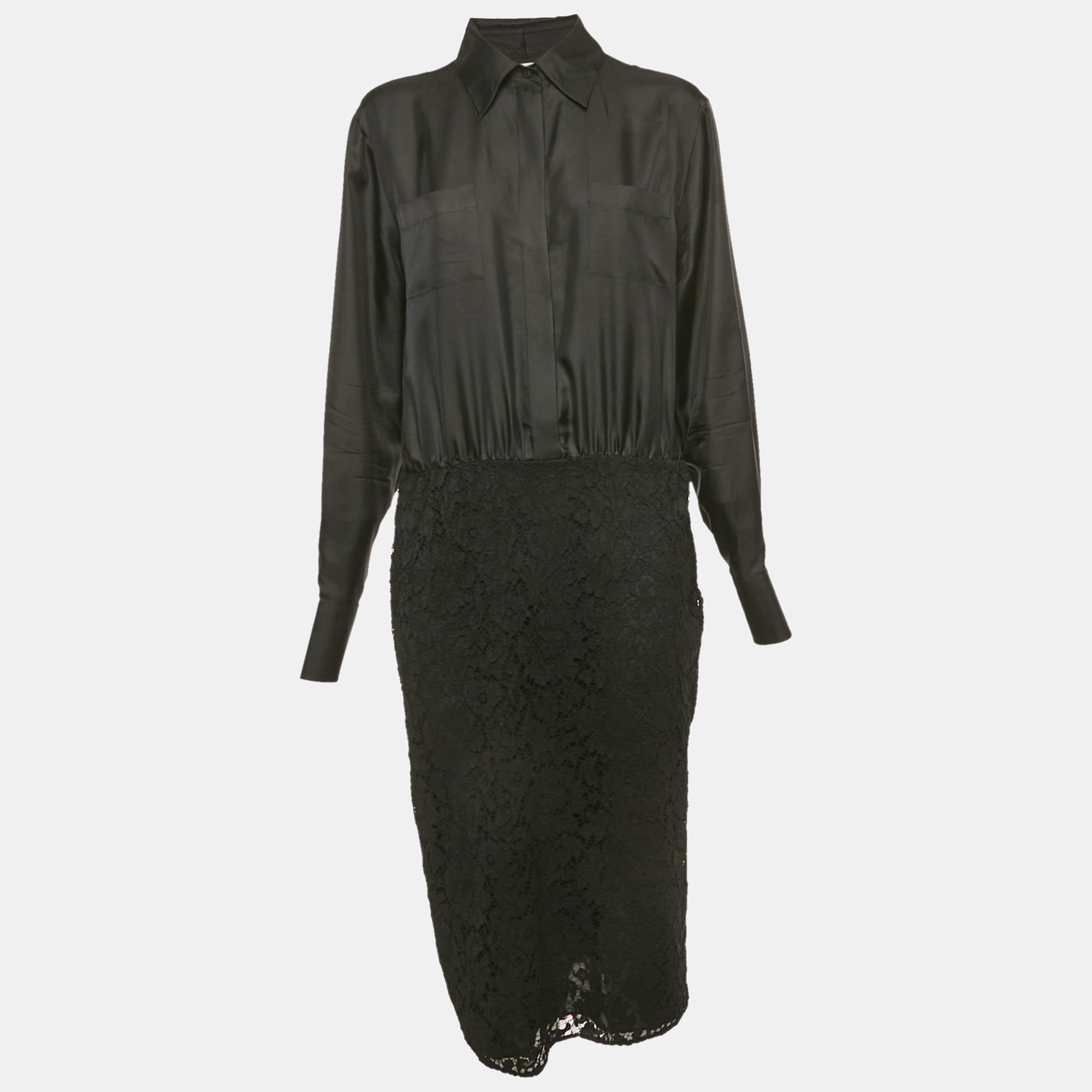 Valentino Black Lace and Satin Long Sleeve Midi Dress