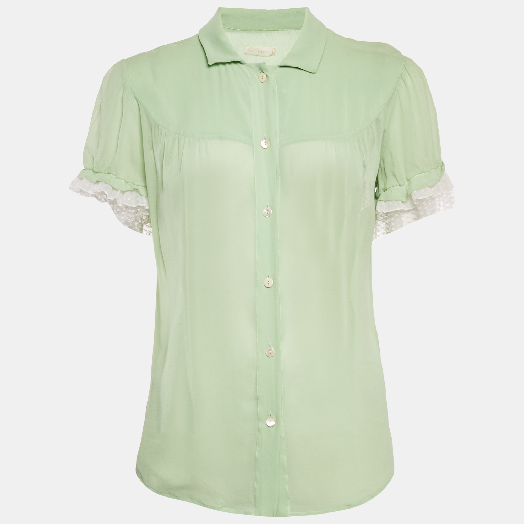 Valentino Green Silk Ruffled Button Front Blouse