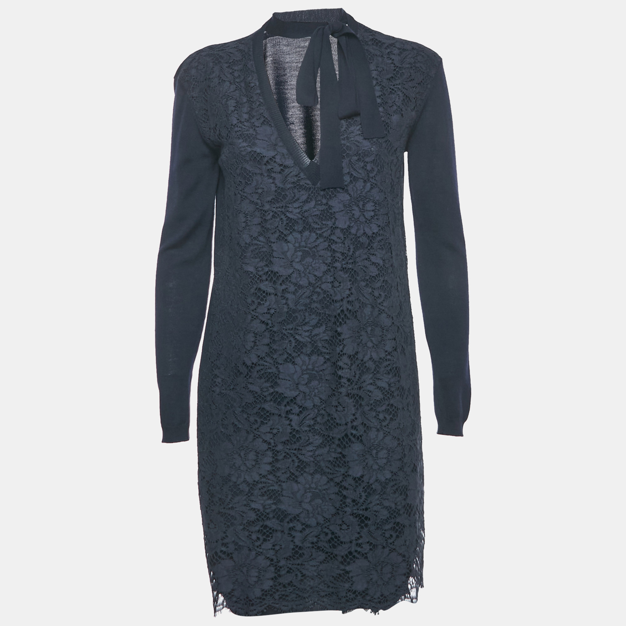 Valentino Navy Blue Lace and Knit Mini Dress