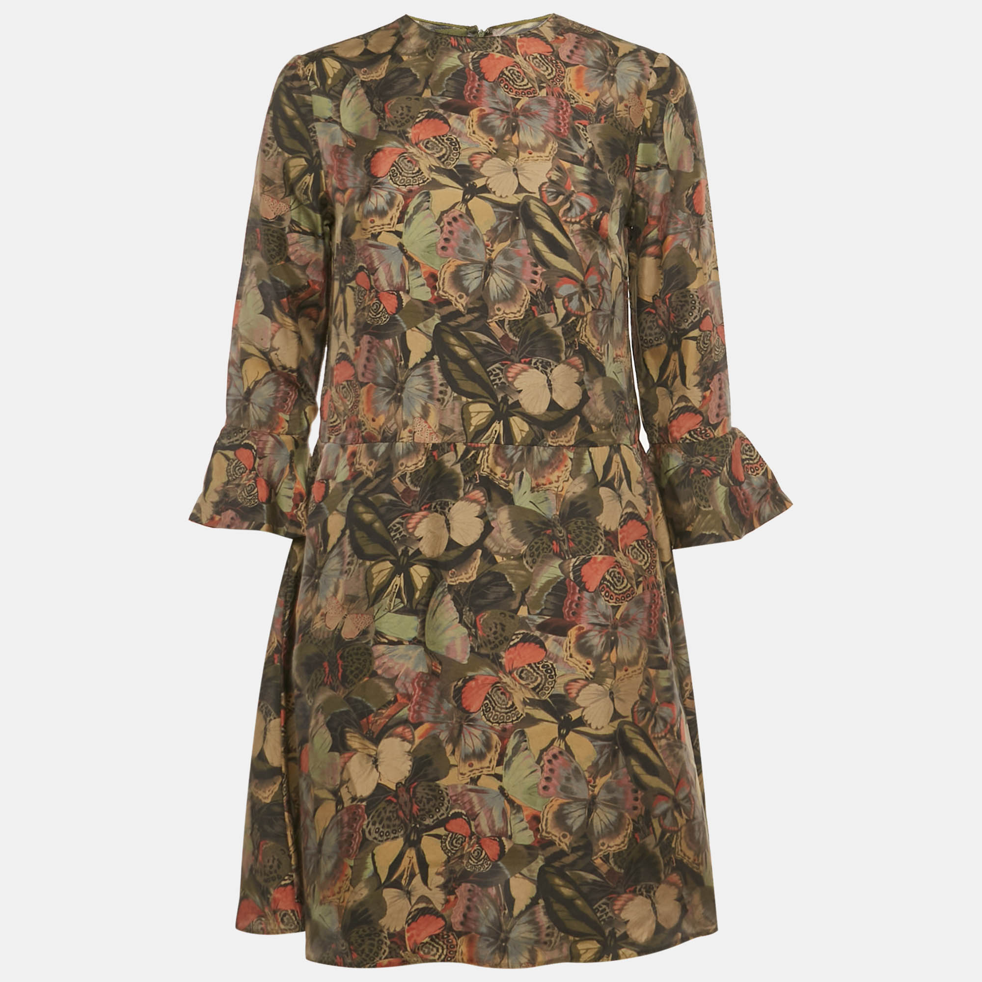 Valentino Black Green Butterfly Print Silk Mini Dress