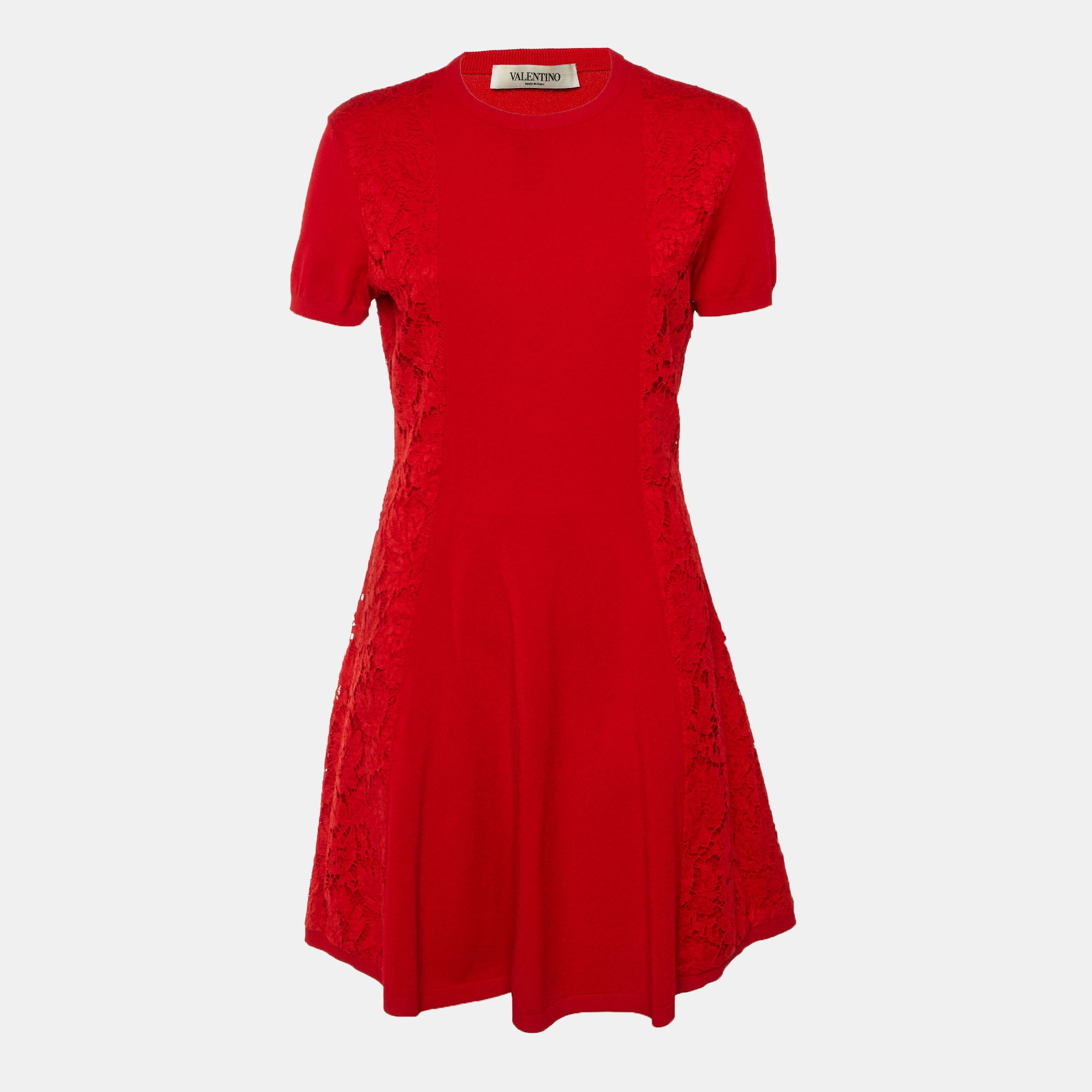 Valentino Red Knit & Lace Panel Detail Mini Dress