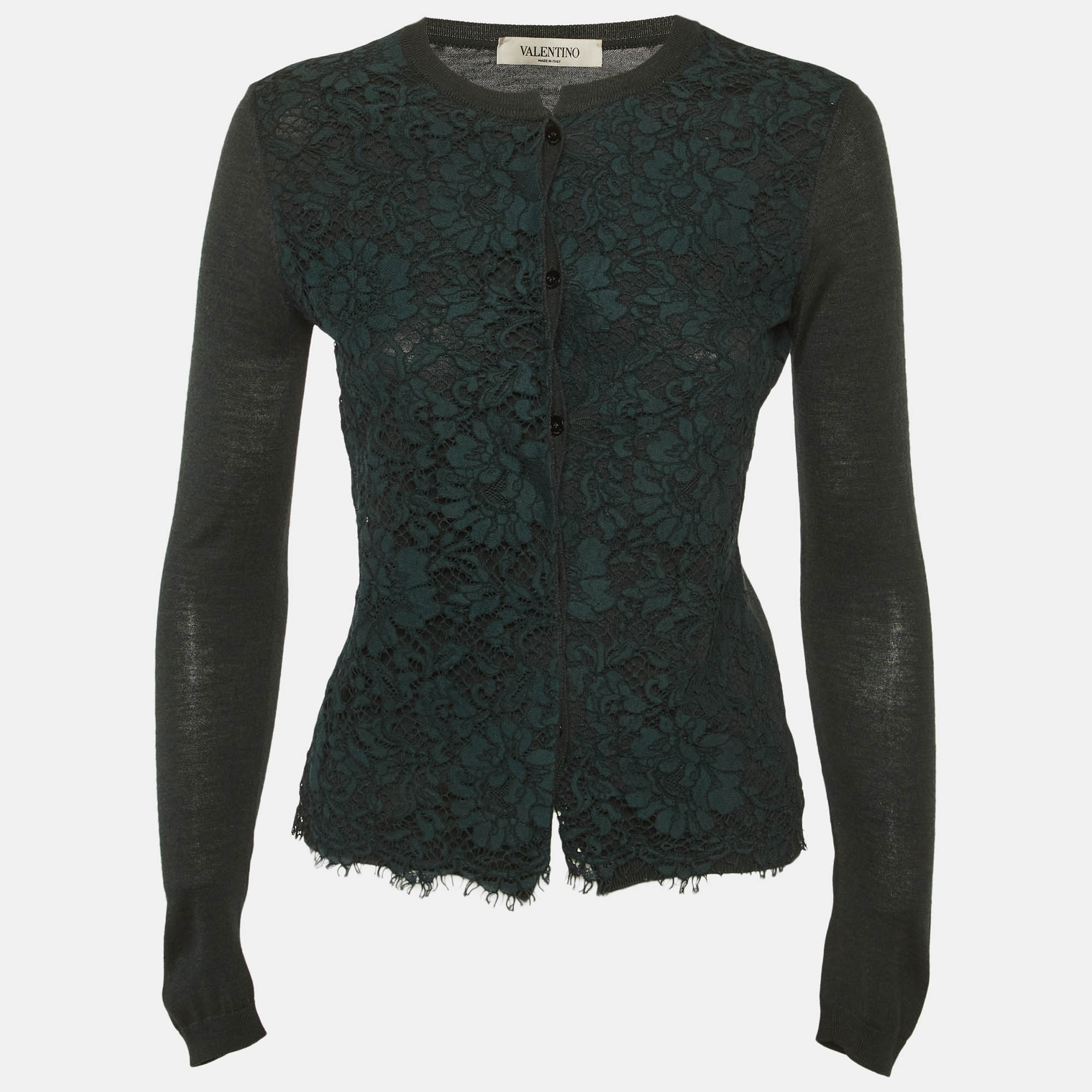 Valentino Green Lace Trim Wool Cardigan
