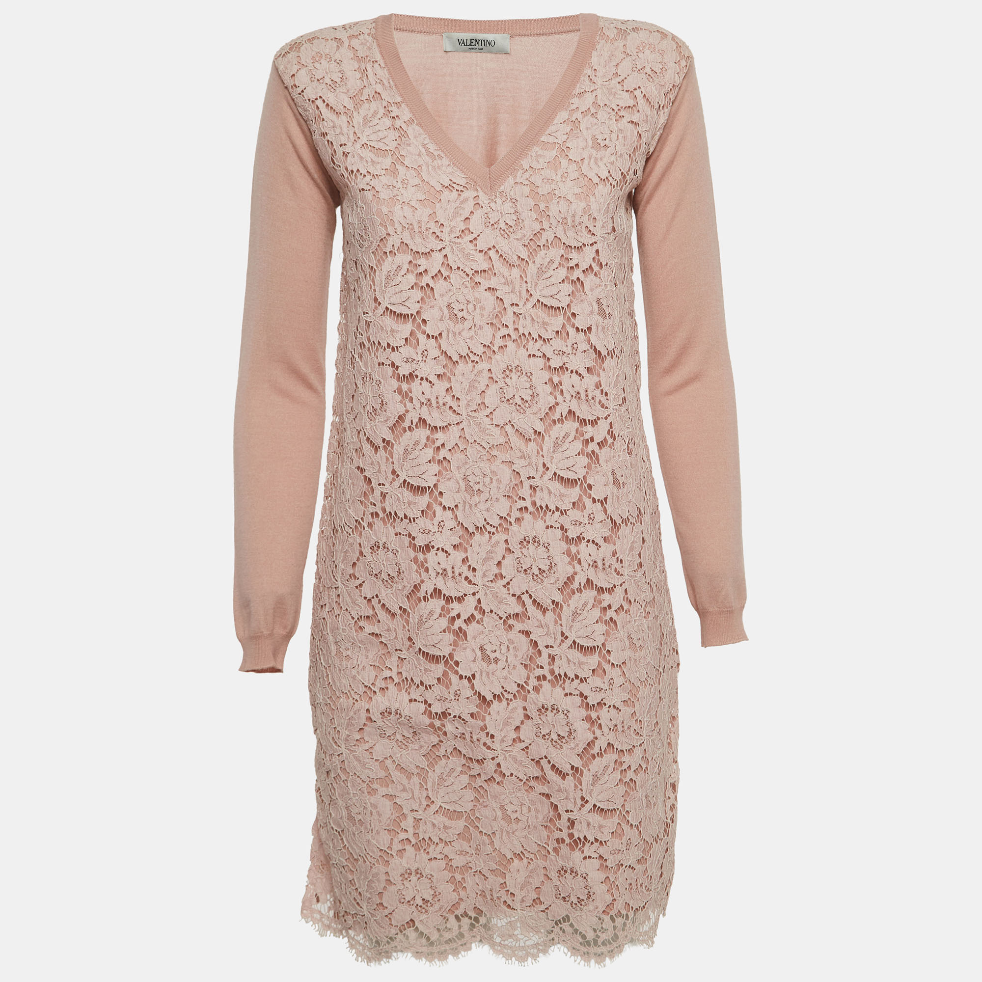 Valentino Pale Pink Floral Lace & Wool Knit Long Sleeve Dress