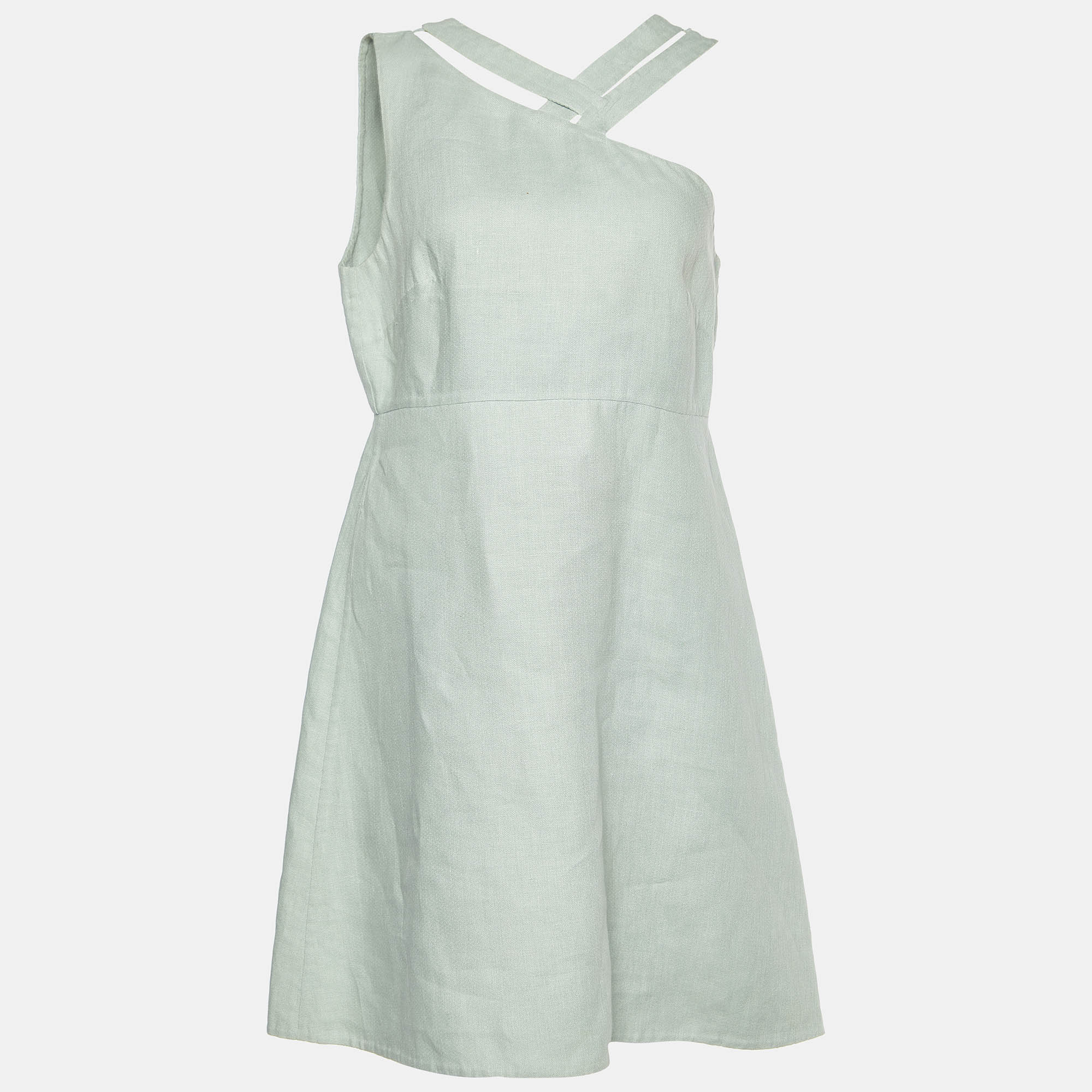 Valentino Sage Green Linen Asymmetric Neck Mini Dress