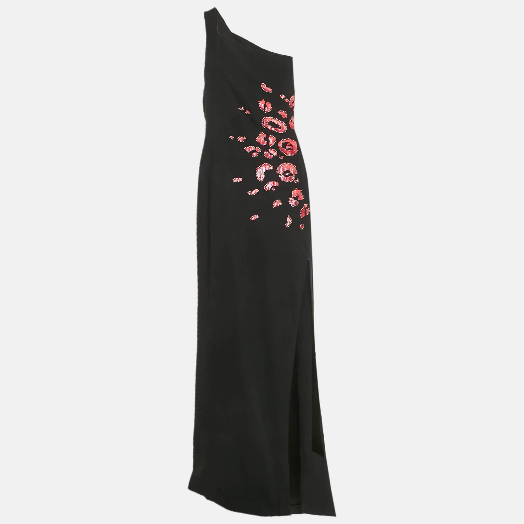 Versace Collection Black Embellished Crepe One-Shoulder Maxi Dress