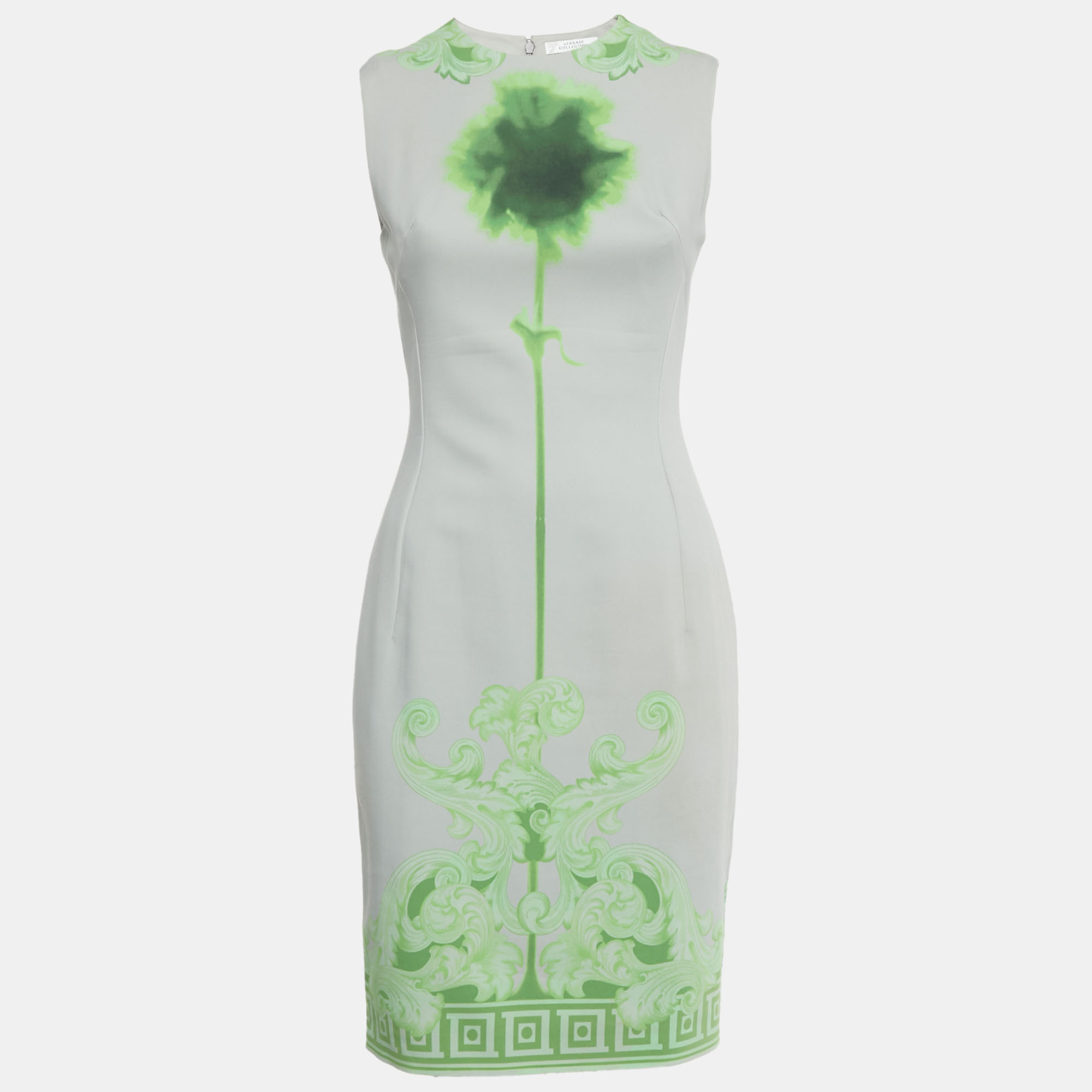 Versace Collection Grey Green Printed Cotton & Crepe Sheath Dress