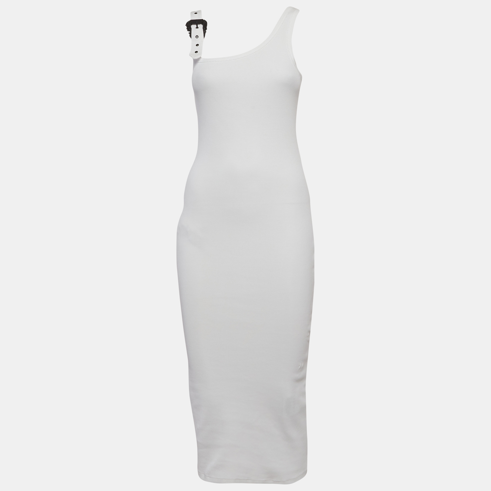 Versace Jeans Couture White Rib Knit Buckle Strap Midi Dress