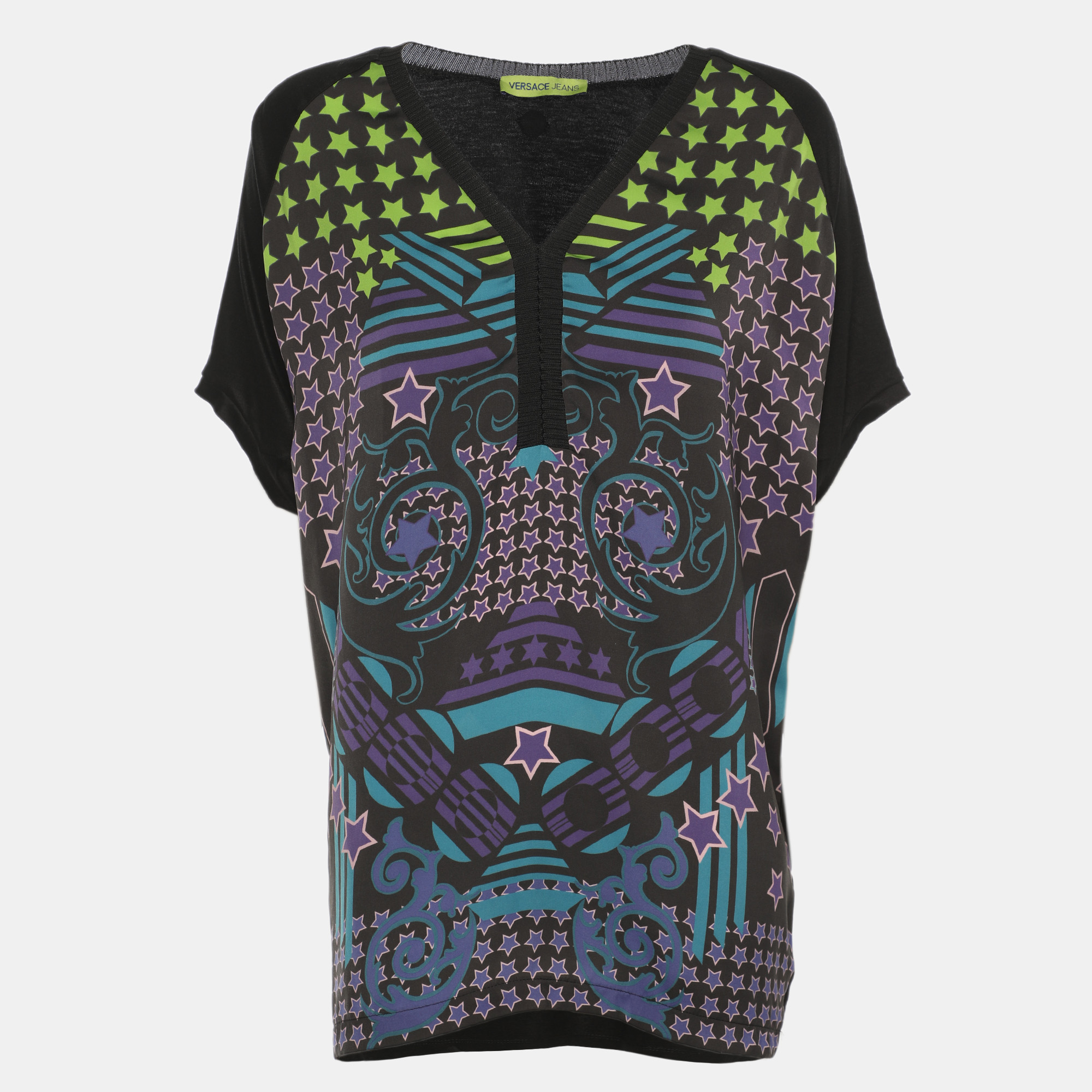 Versace Jeans Black Multicolor Star Print Satin Blouse