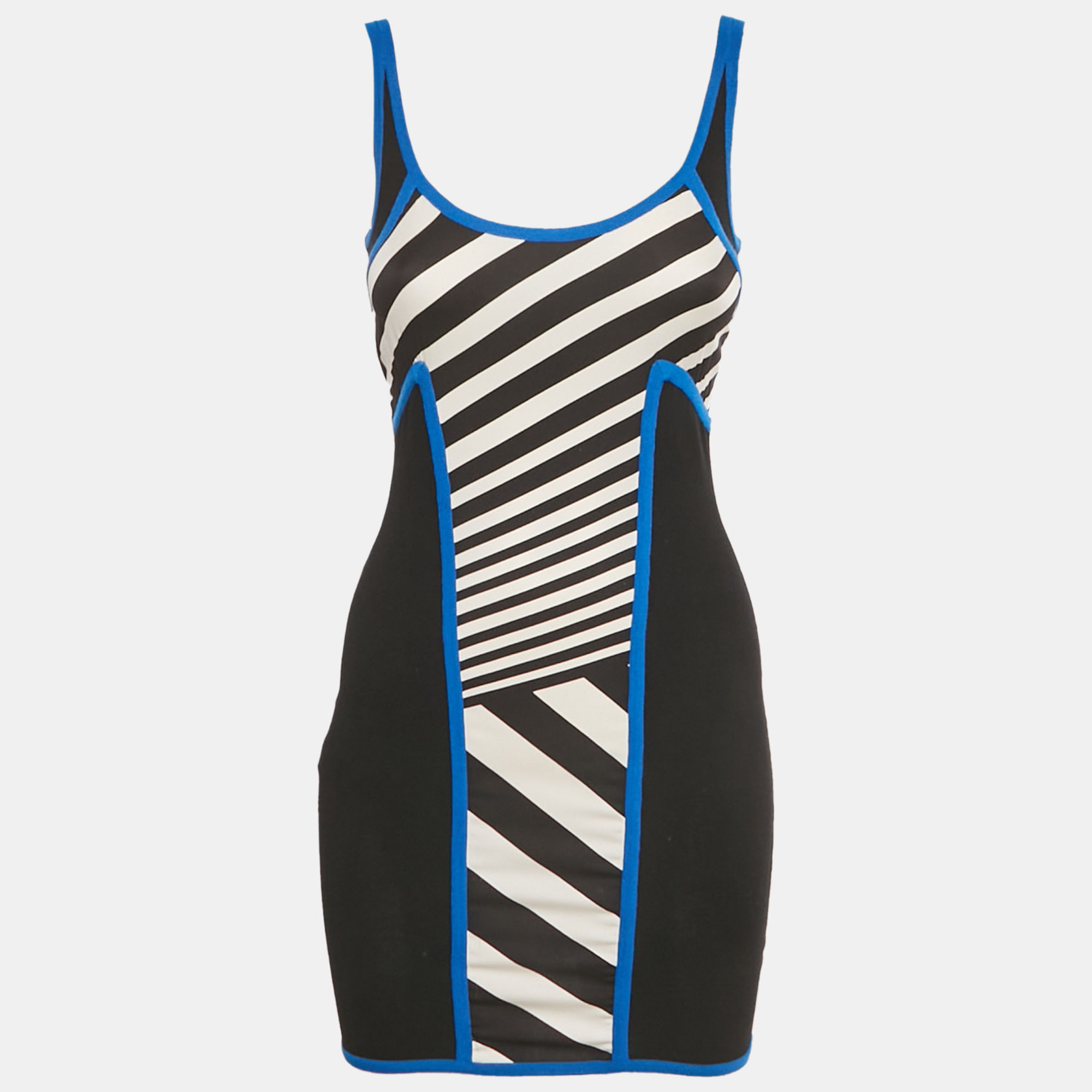 Versace Black Knit & Striped Silk Detail Sleeveless Sheath Mini Dress