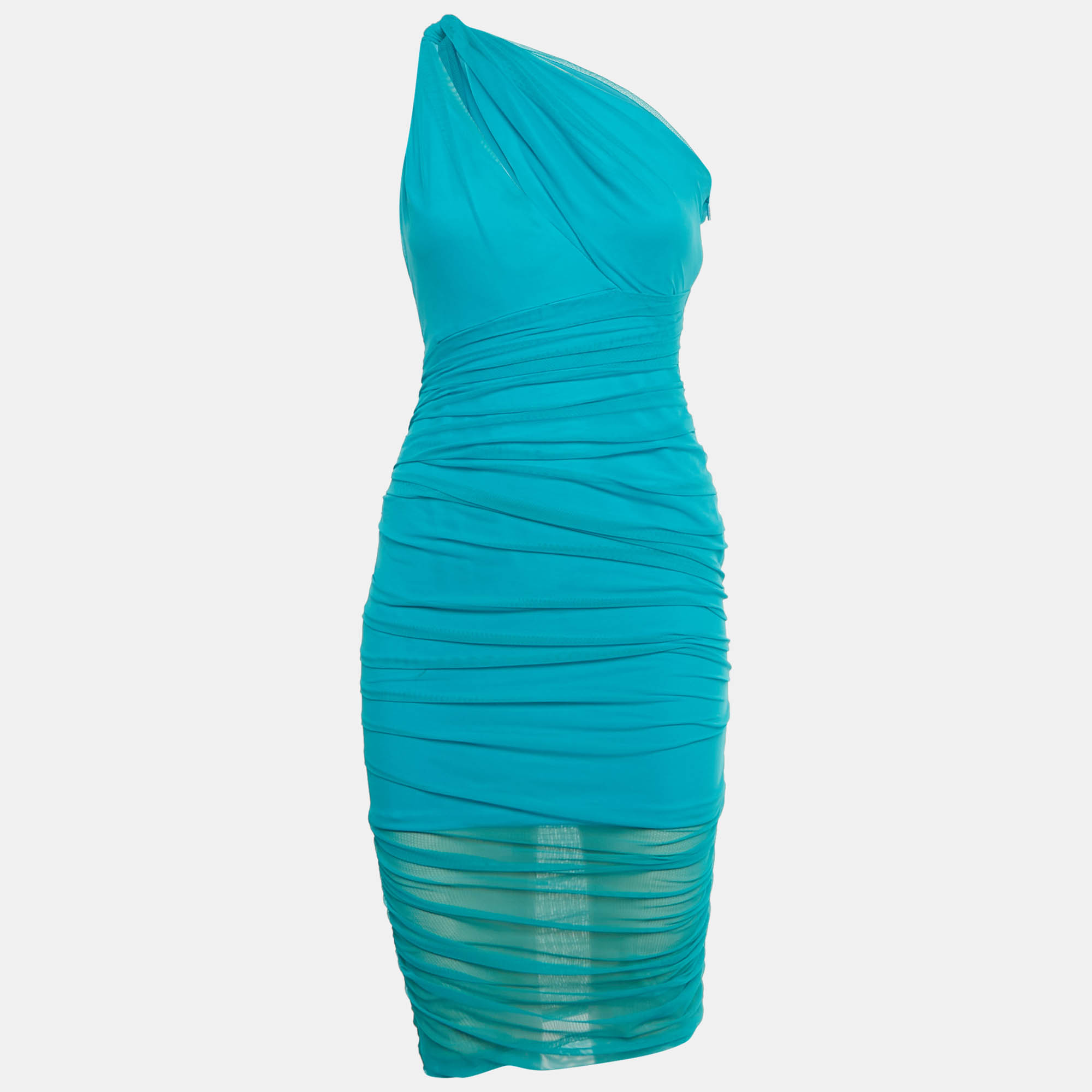 Versace Blue Tulle Ruche One-Shoulder Midi Dress