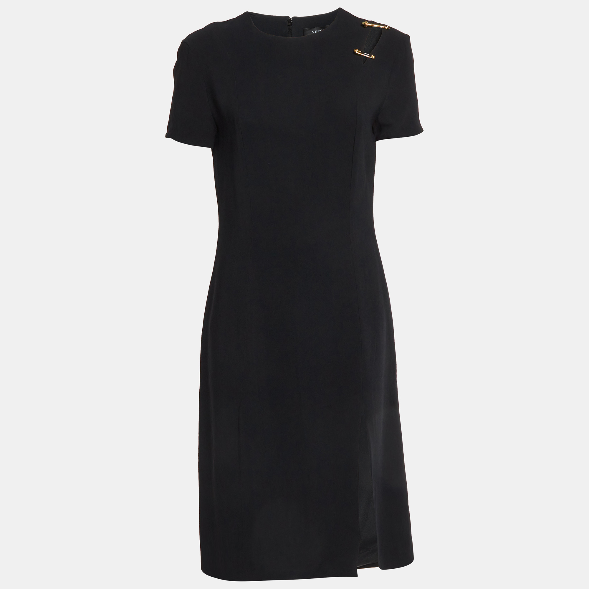 Versace Black Stretch Crepe Logo Safety Pin Detail Midi Dress