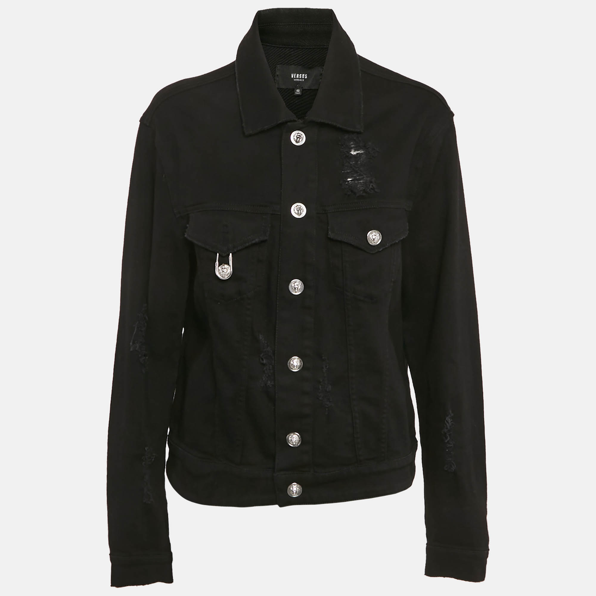 Versus Versace Black Distressed Denim Button Detail Jacket