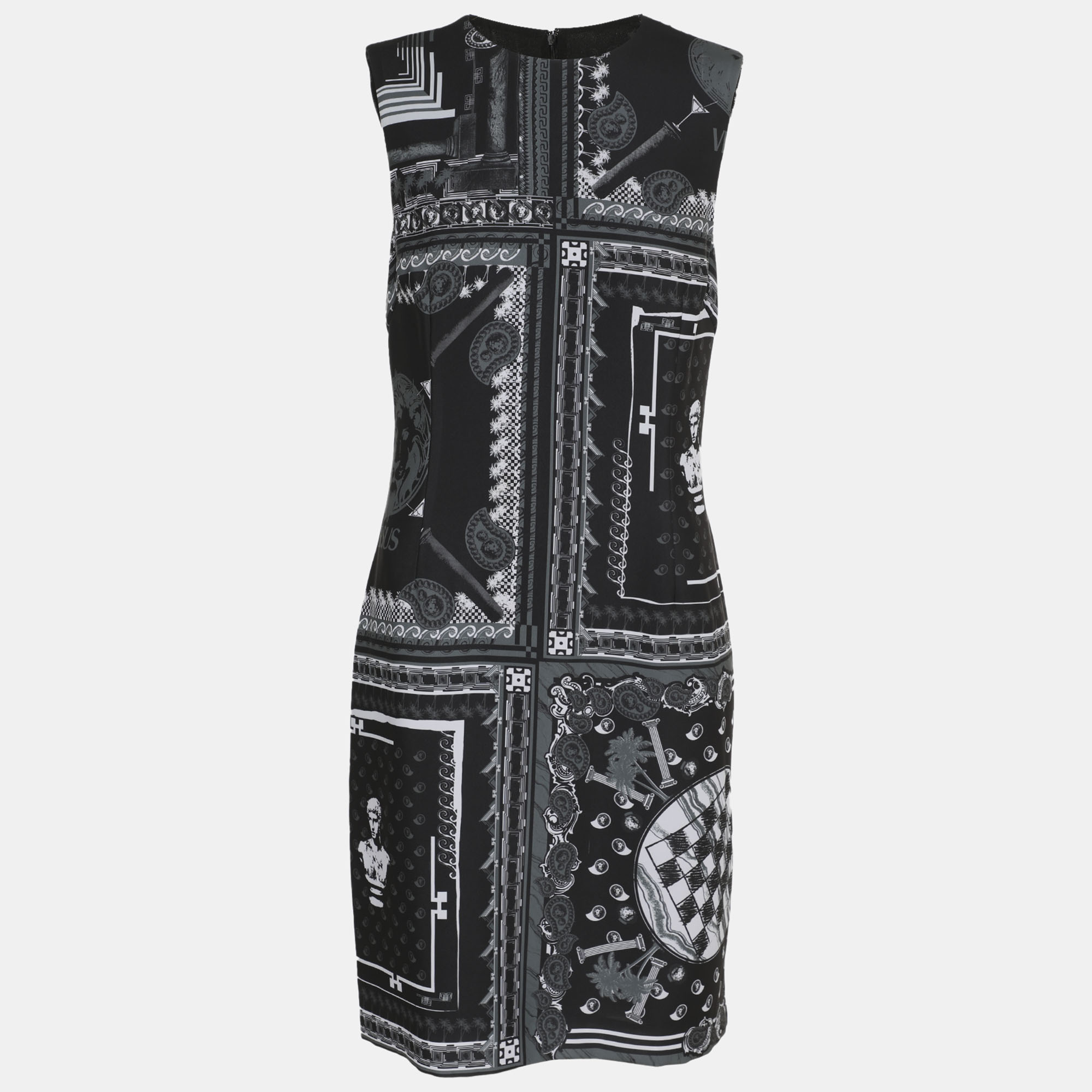 Versus Versace BlackGrey Printed Satin Sleeveless Midi Dress