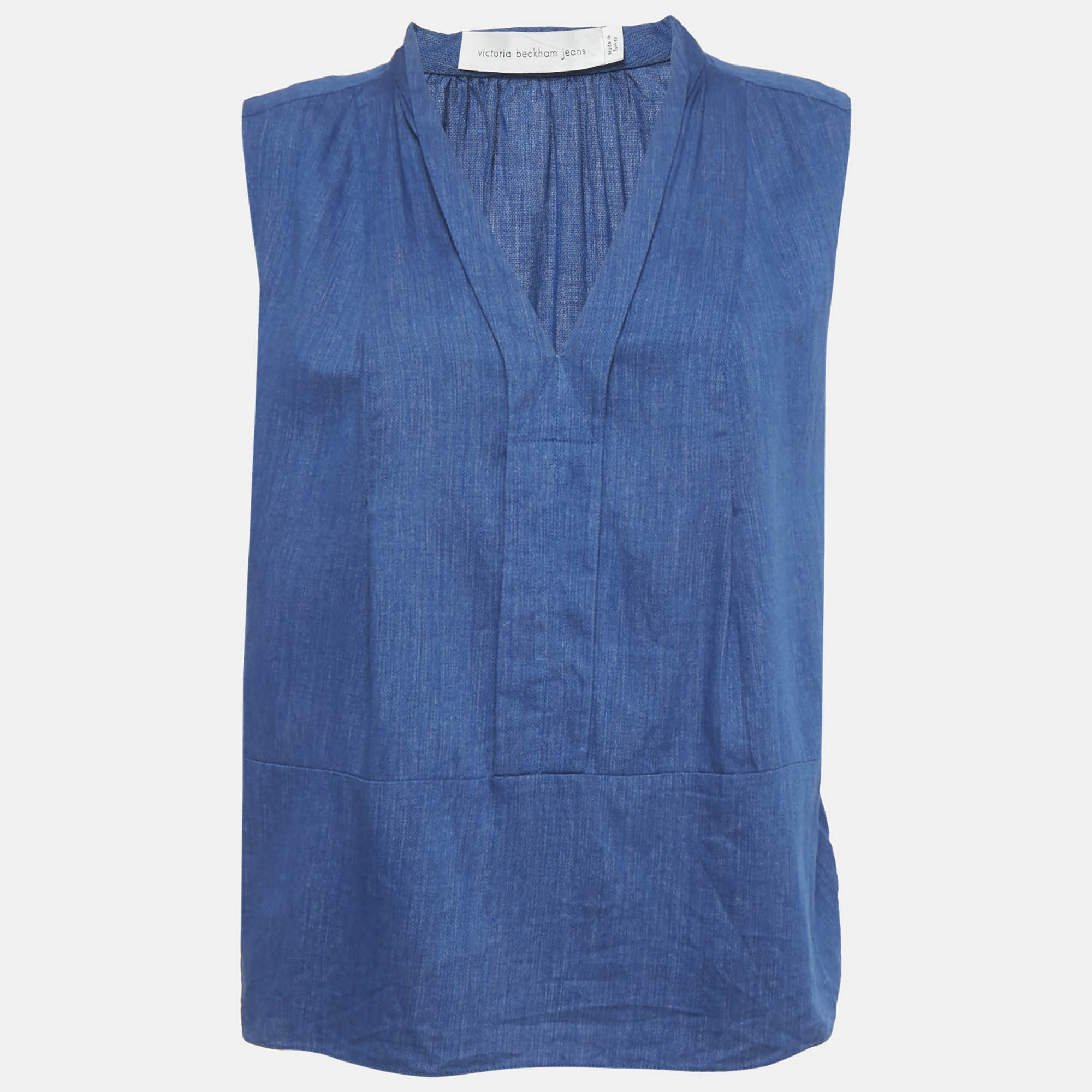 Victoria Beckham Jeans Blue Cotton V-Neck Sleeveless Blouse