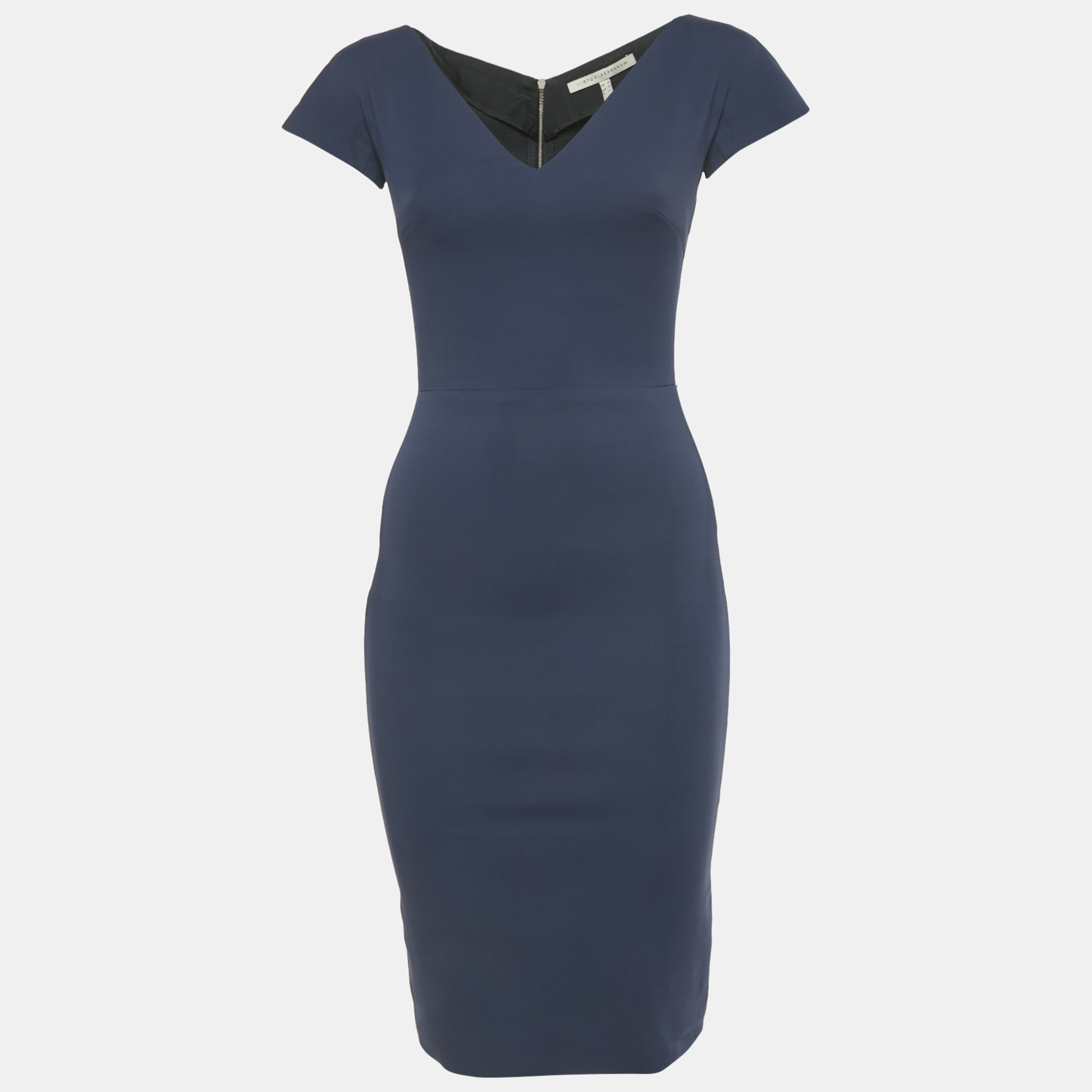 Victoria Beckham Navy Blue Cotton Blend Sheath Short Dress