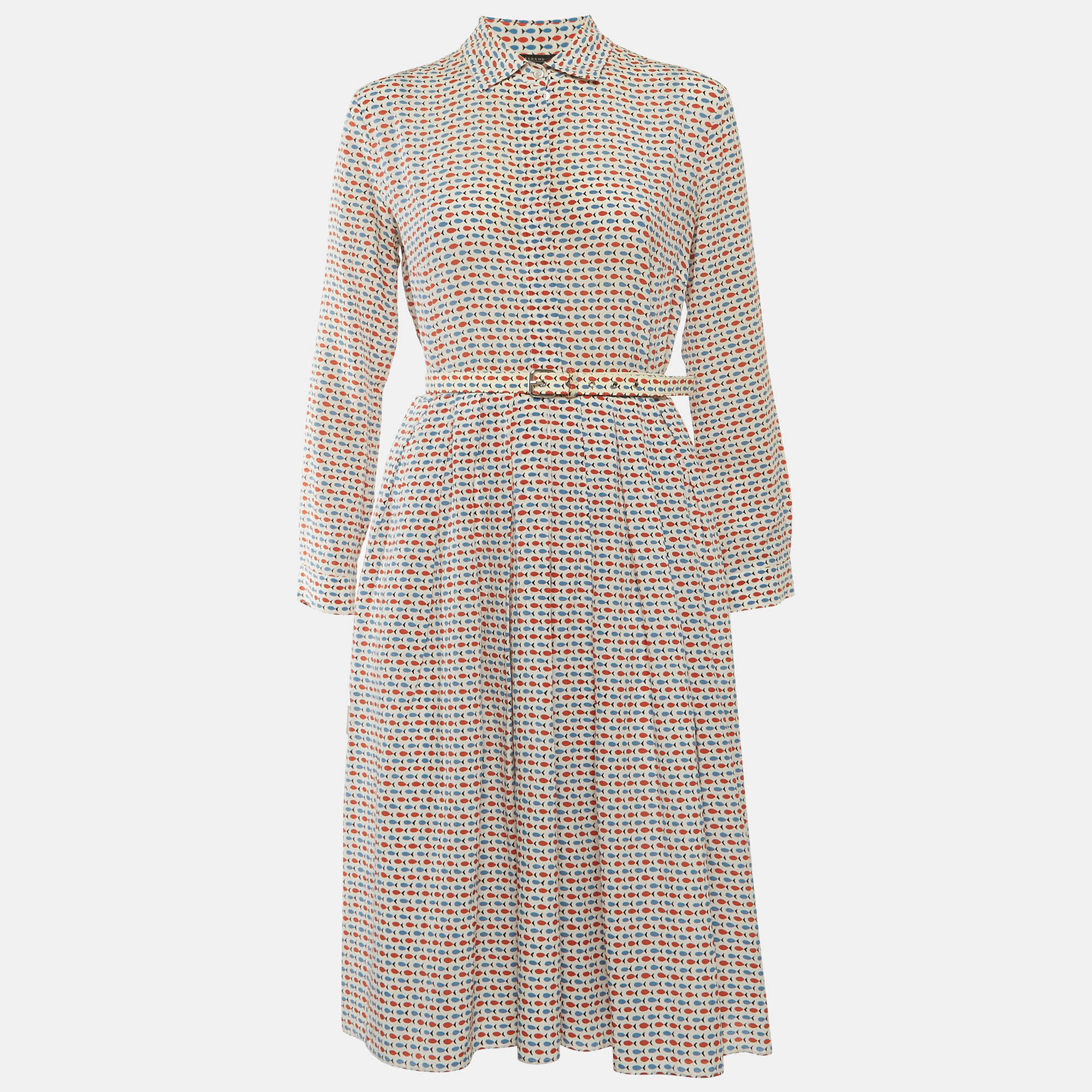 Weekend Max Mara White Fish Print Chiffon Belted Midi Dress