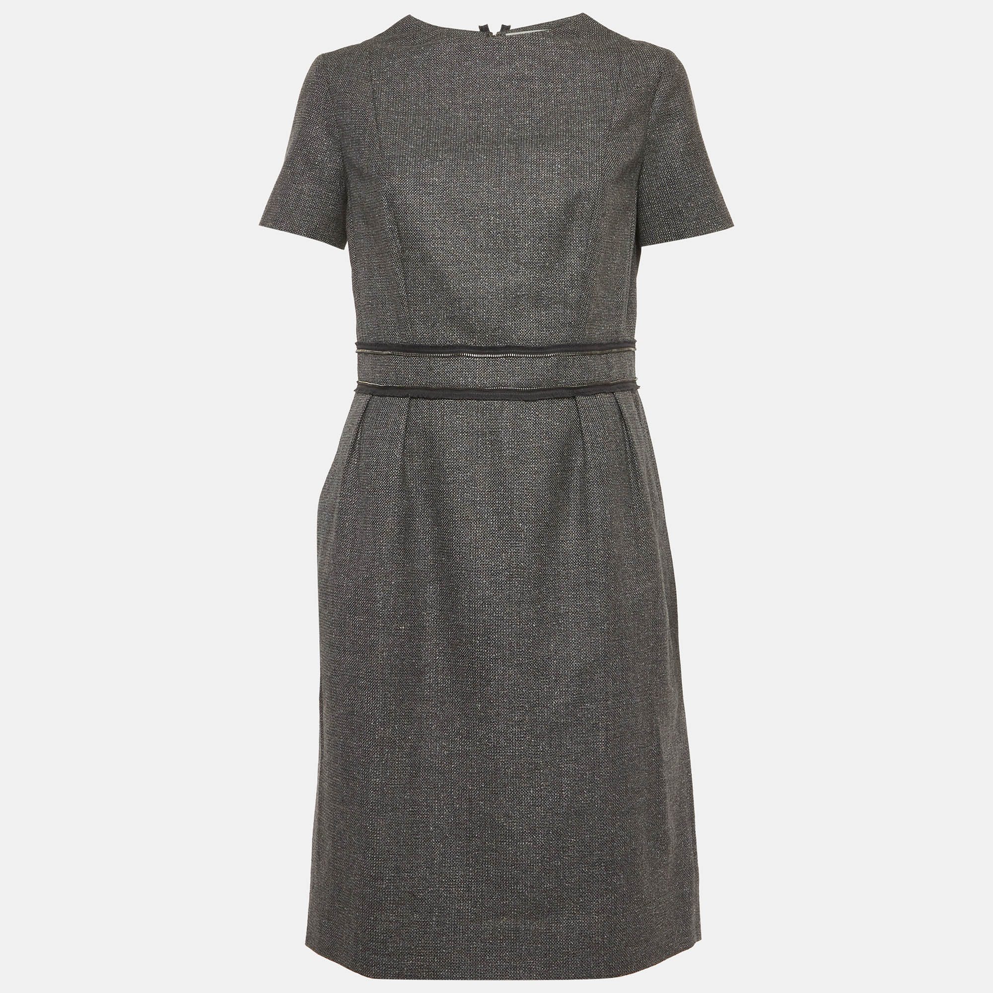 Yves Saint Laurent Grey Wool Blend Zip Detail Knee-Length Dress