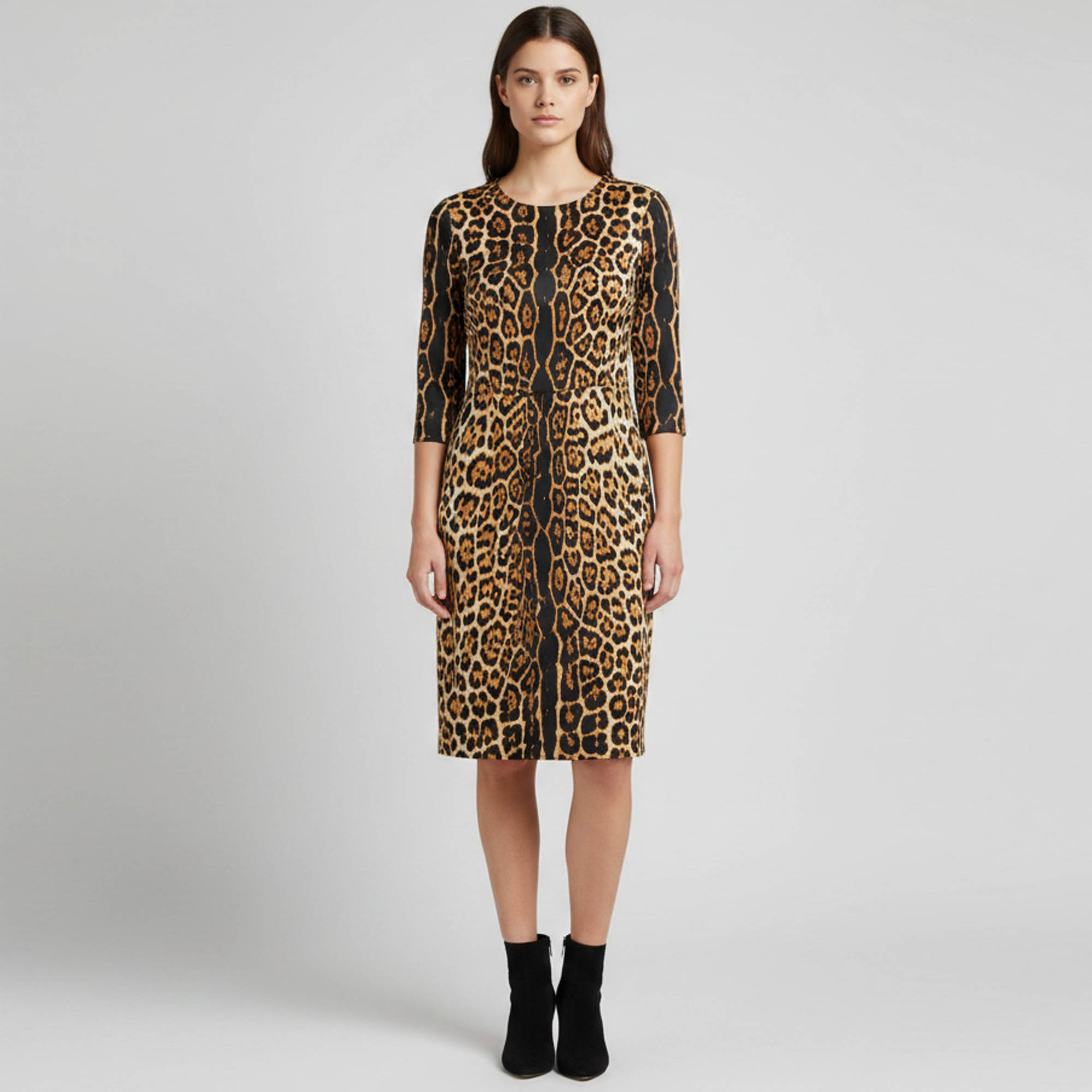 Yves Saint Laurent BeigeBlack Leopard Print Silk Midi Dress
