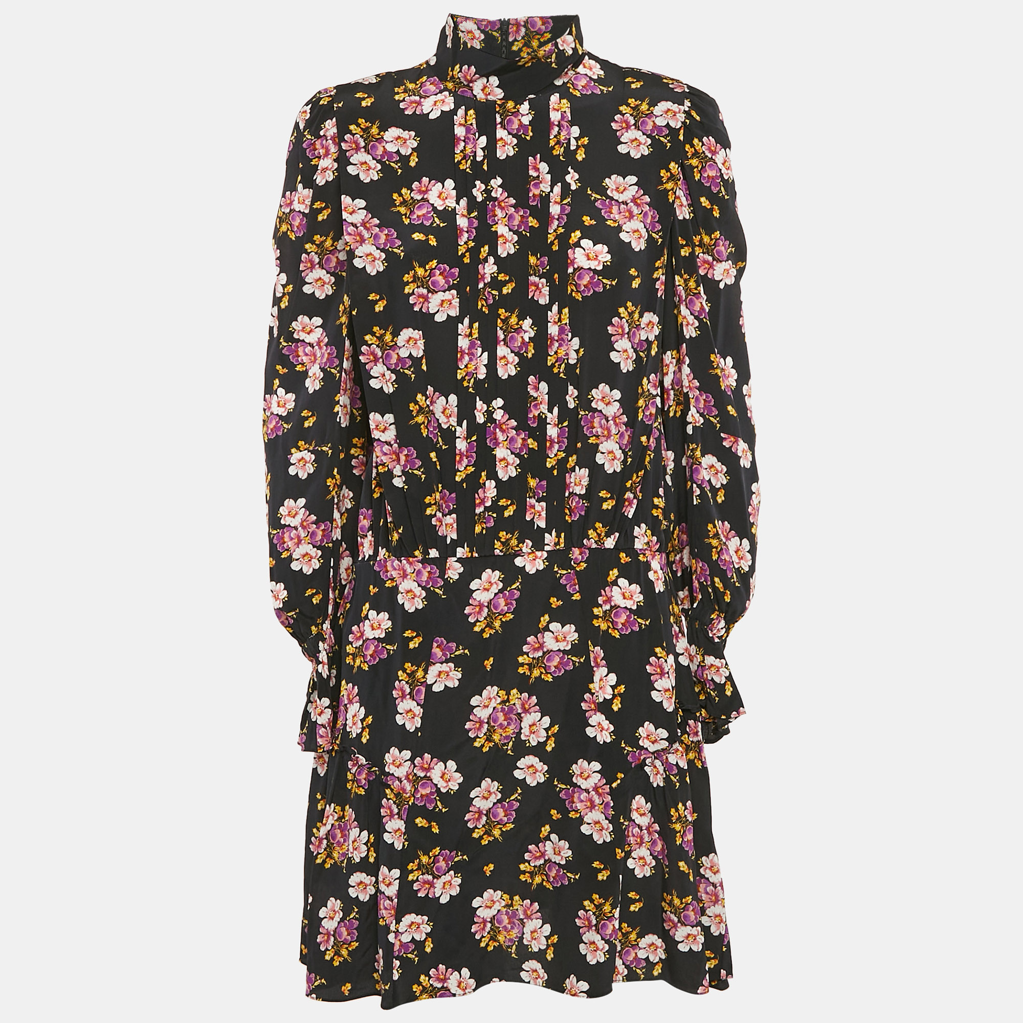 Zadig & Voltaire Black Floral Print Silk Pleated Rabbi Peonies Show Short Dress