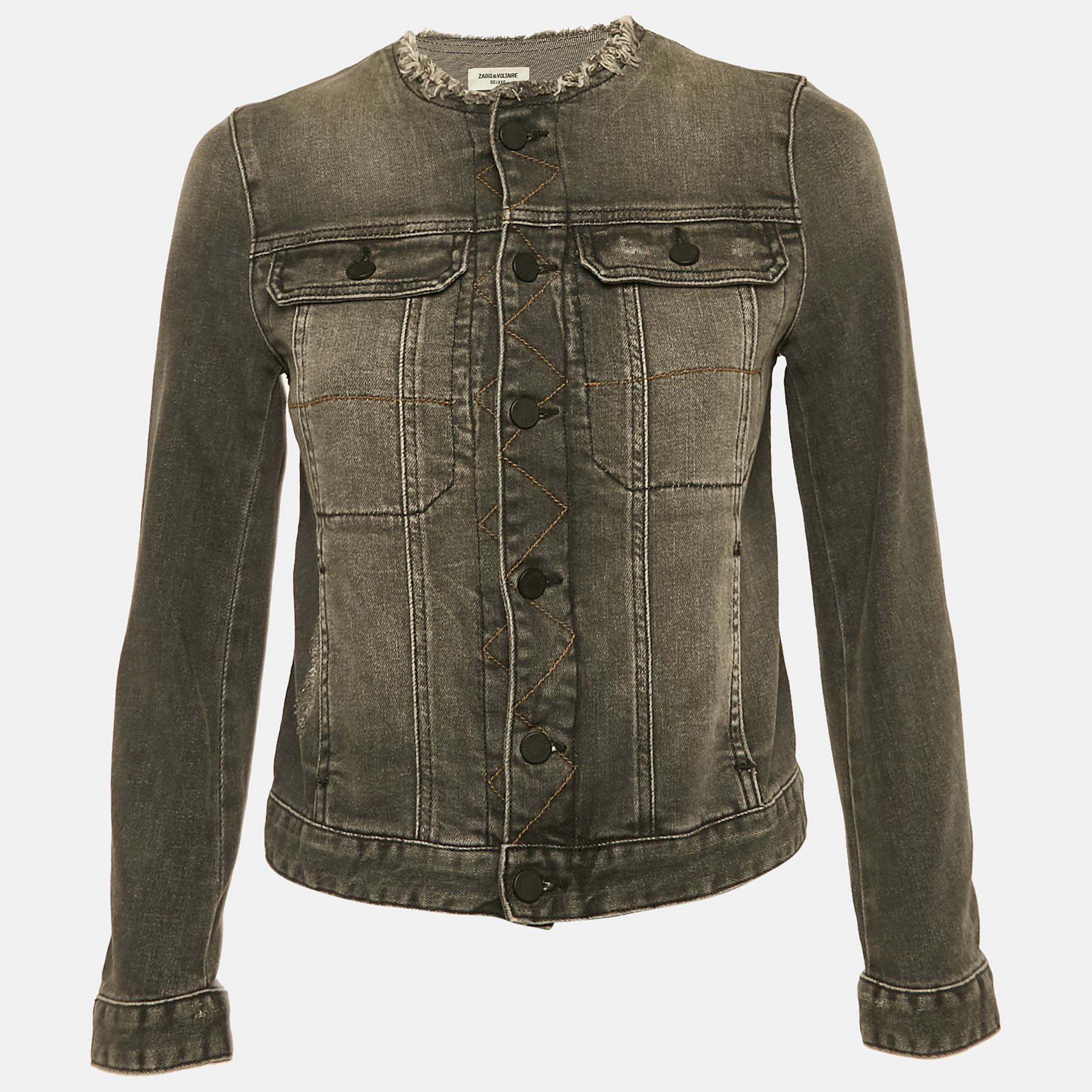 Zadig & Voltaire Grey Distressed Denim Embroidered Kiok Gris Brode Jacket