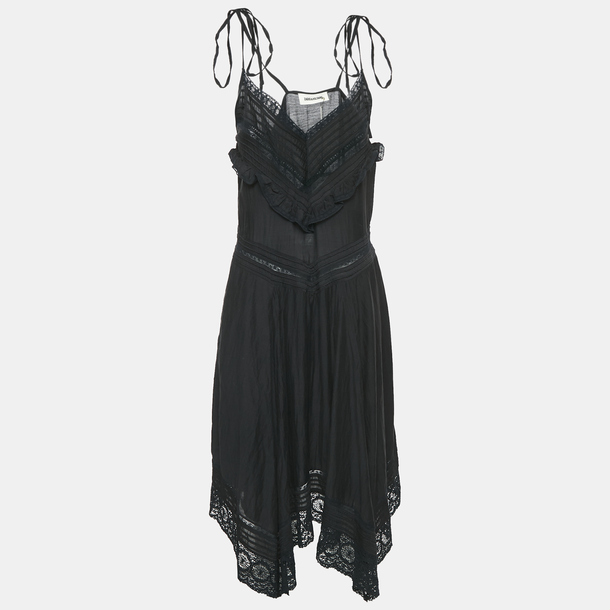 Zadig & Voltaire Black Lace Trim Rilli Cotton Asymmetric Midi Dress