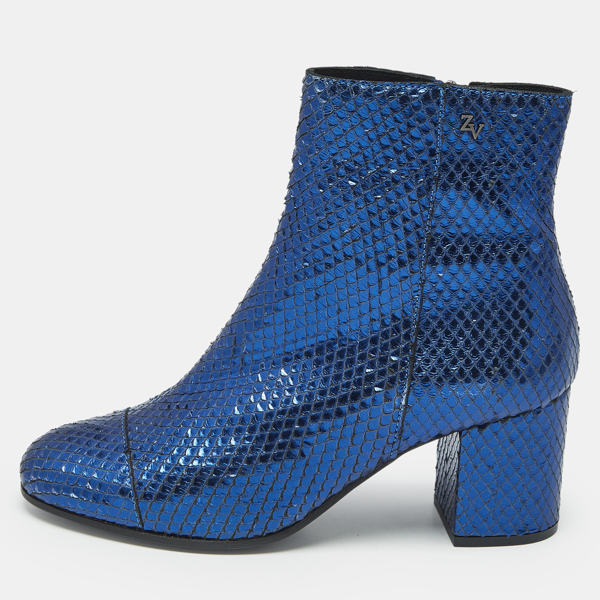 Zadig & Voltaire Metallic Blue Python Embossed Leather Lena Ankle Boots