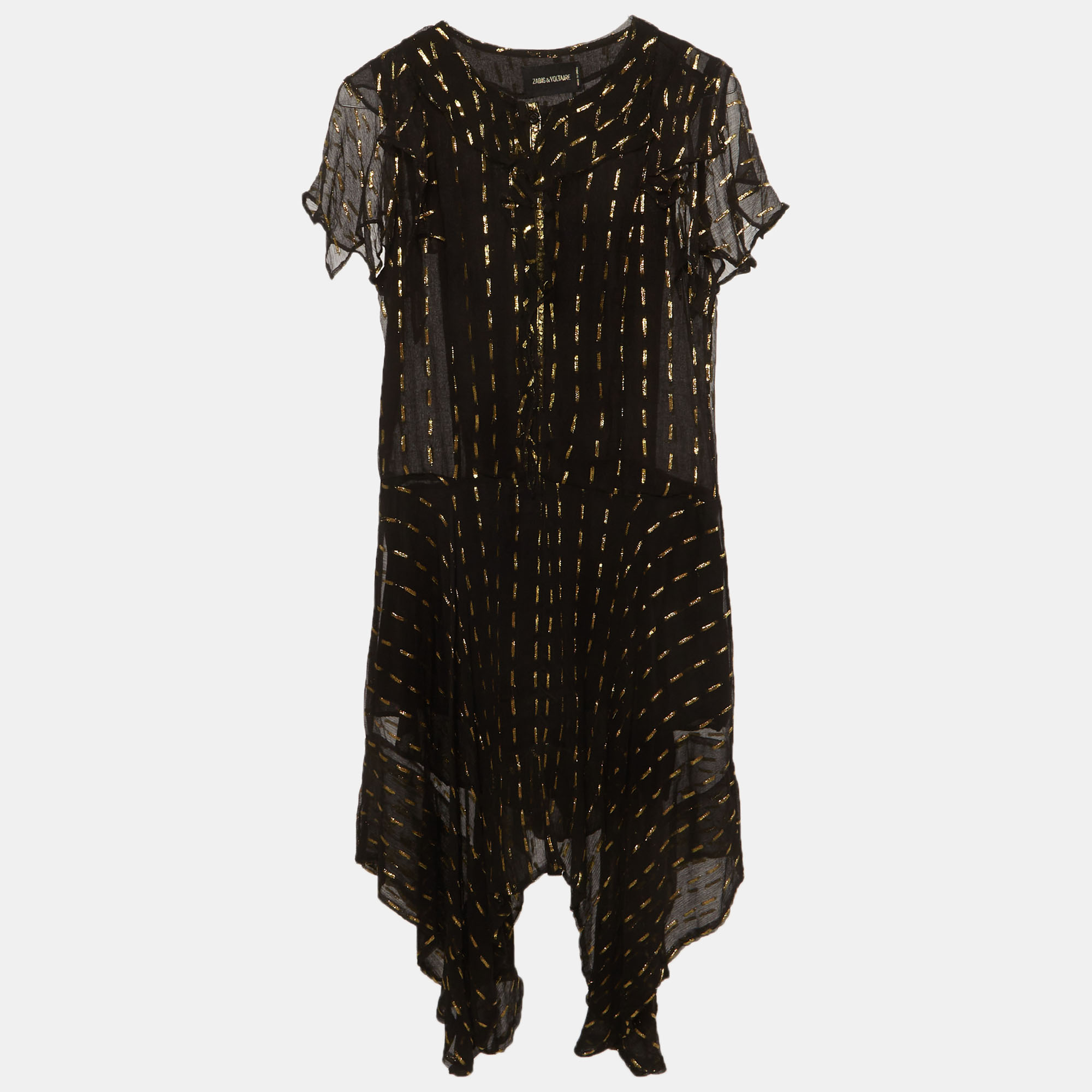 Zadig and Voltaire Black and Gold Crepe Rool Shiny Ruffled Dress