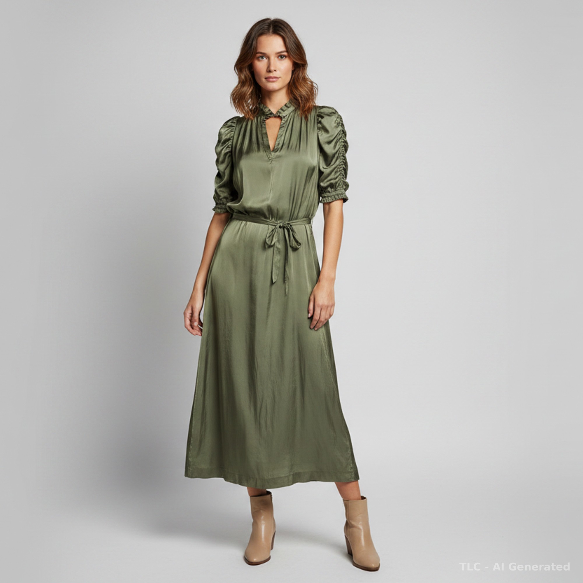 Zadig & Voltaire Olive Green Satin Ray Puff Sleeve Midi Dress