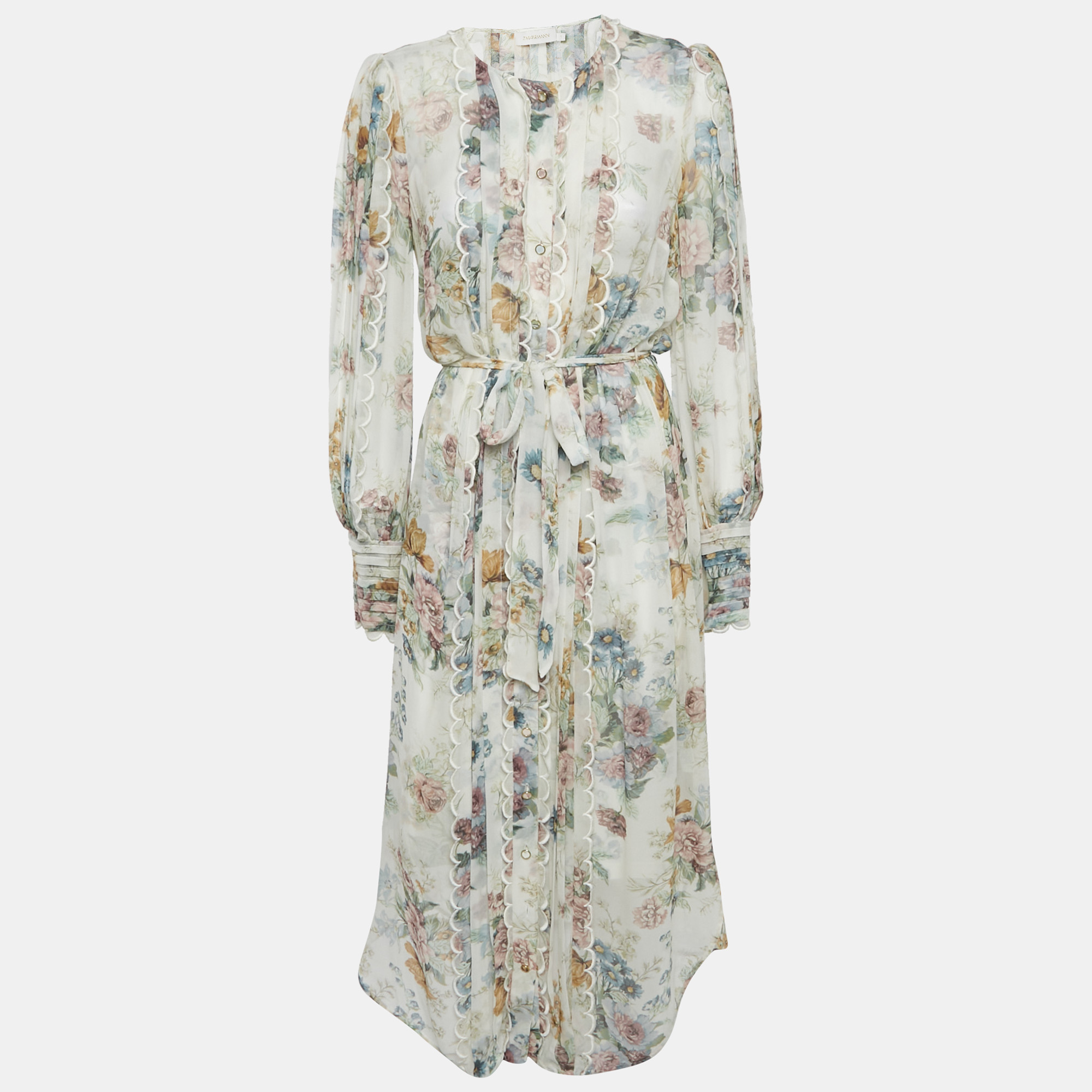 Zimmermann White Floral Print Crepe Scallop Detail Long Dress