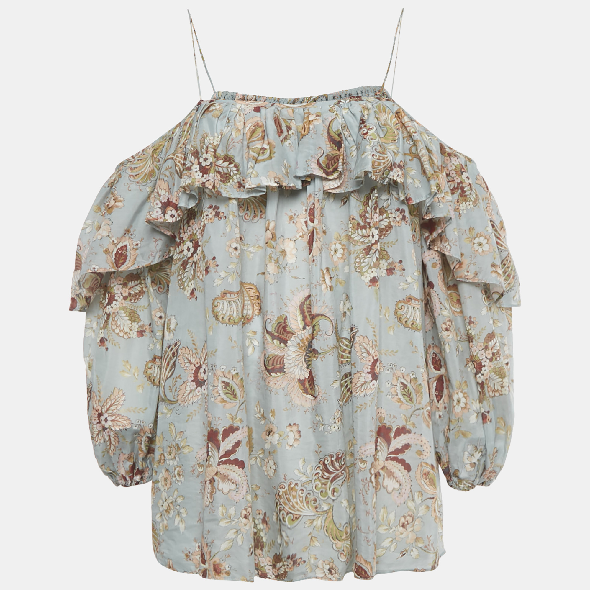 Zimmermann Blue Floral Print Cotton Ruffled Blouse