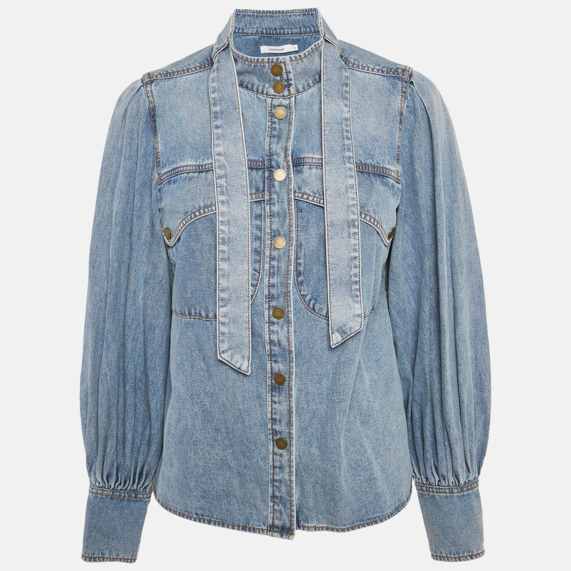 Zimmermann Blue Denim Neck Tie-Up Blouse