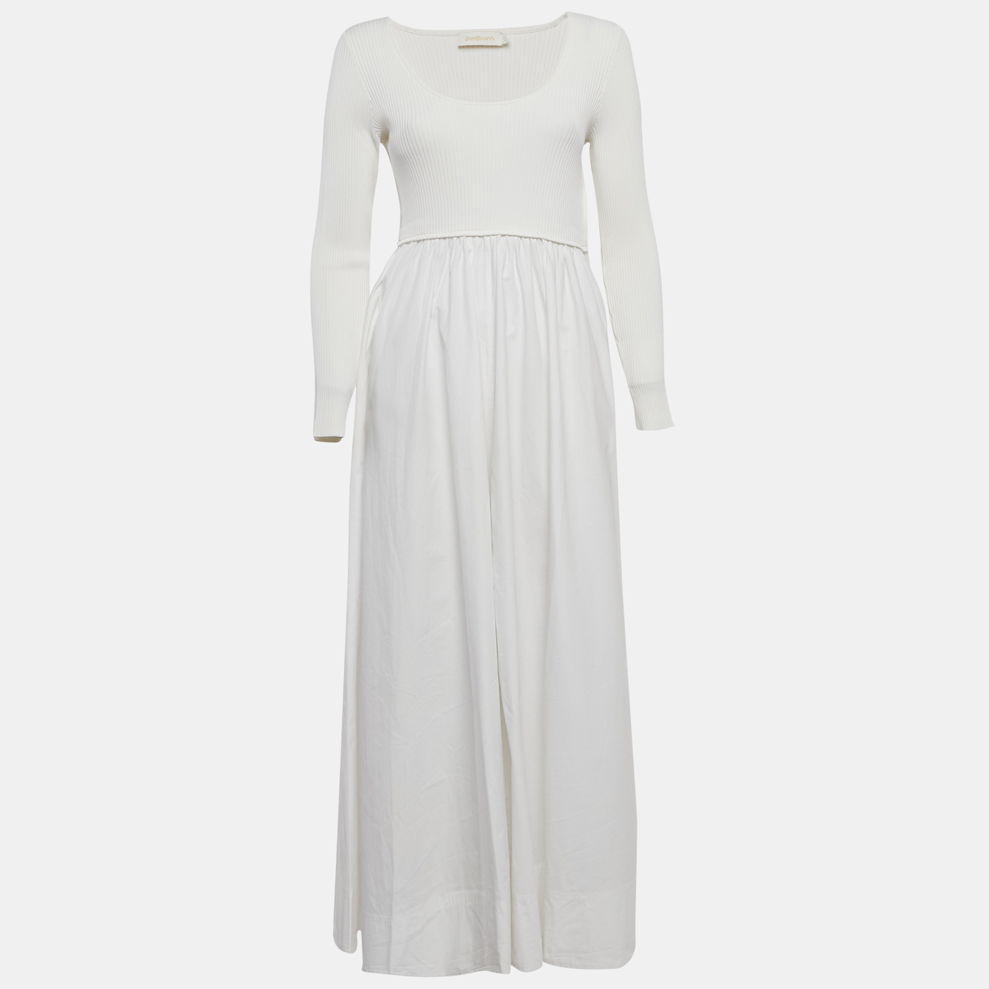 Zimmermann White Rib Knit and Poplin Scoop Neck Long Dress