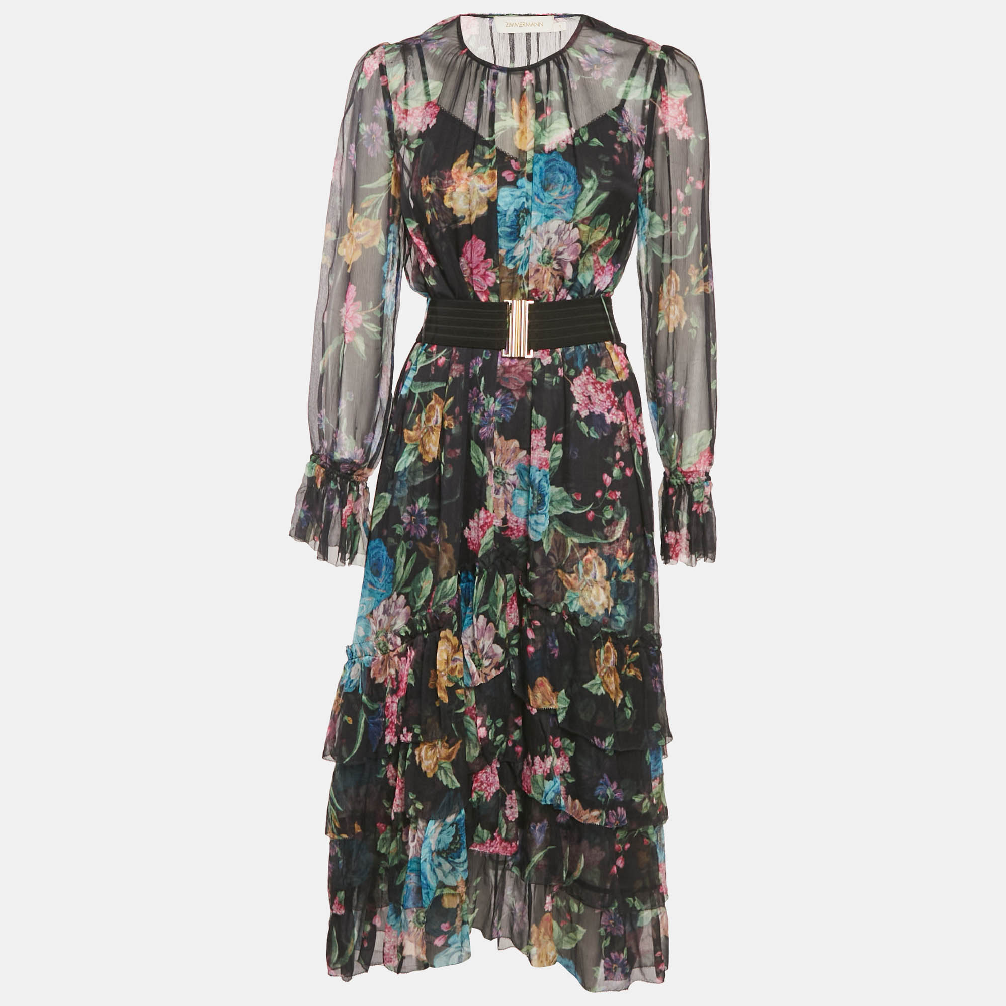Zimmermann Black Floral Print Chiffon Asymmetric Midi Dress