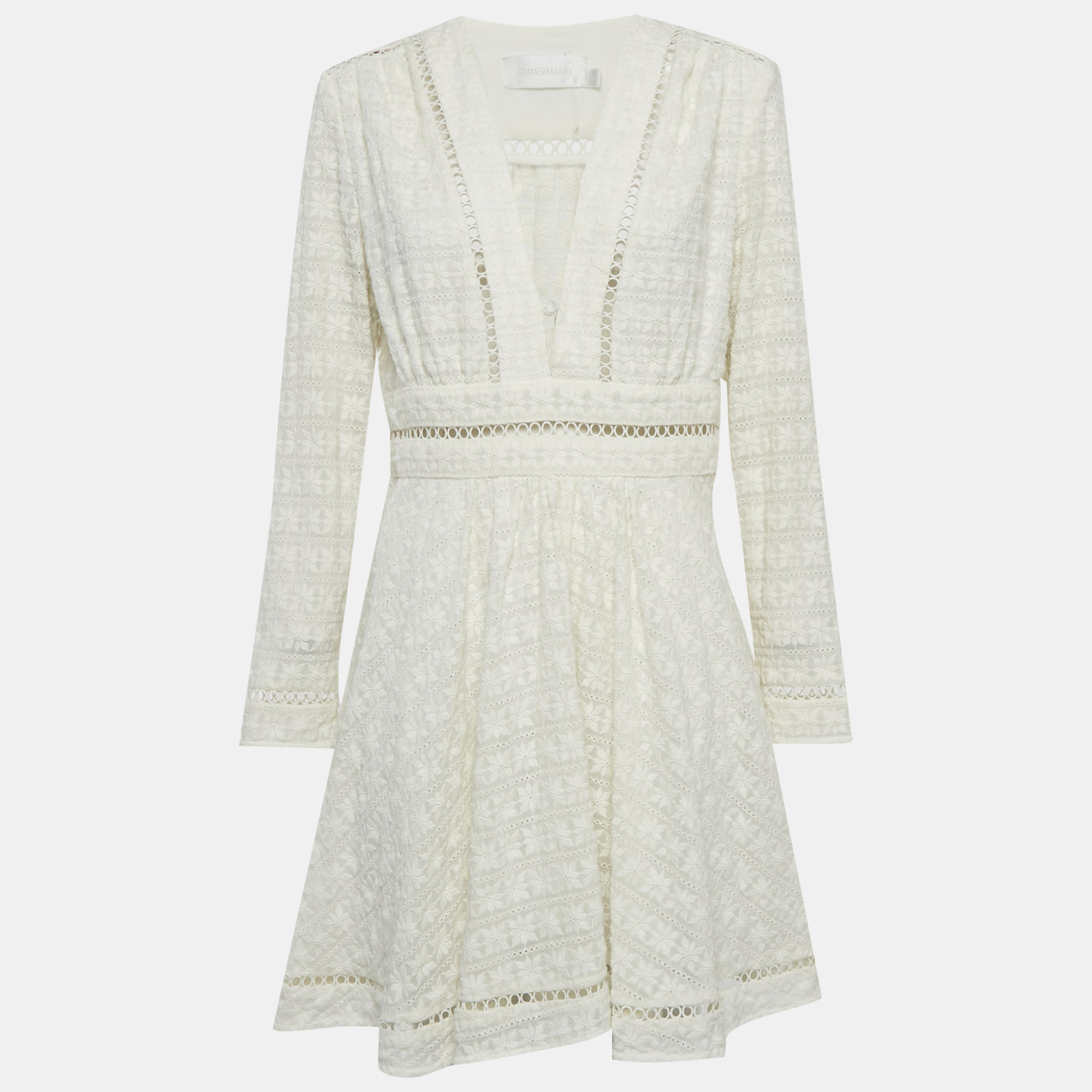 Zimmermann Cream Zephyr Broderie Cotton Plunge Neckline Mini Dress