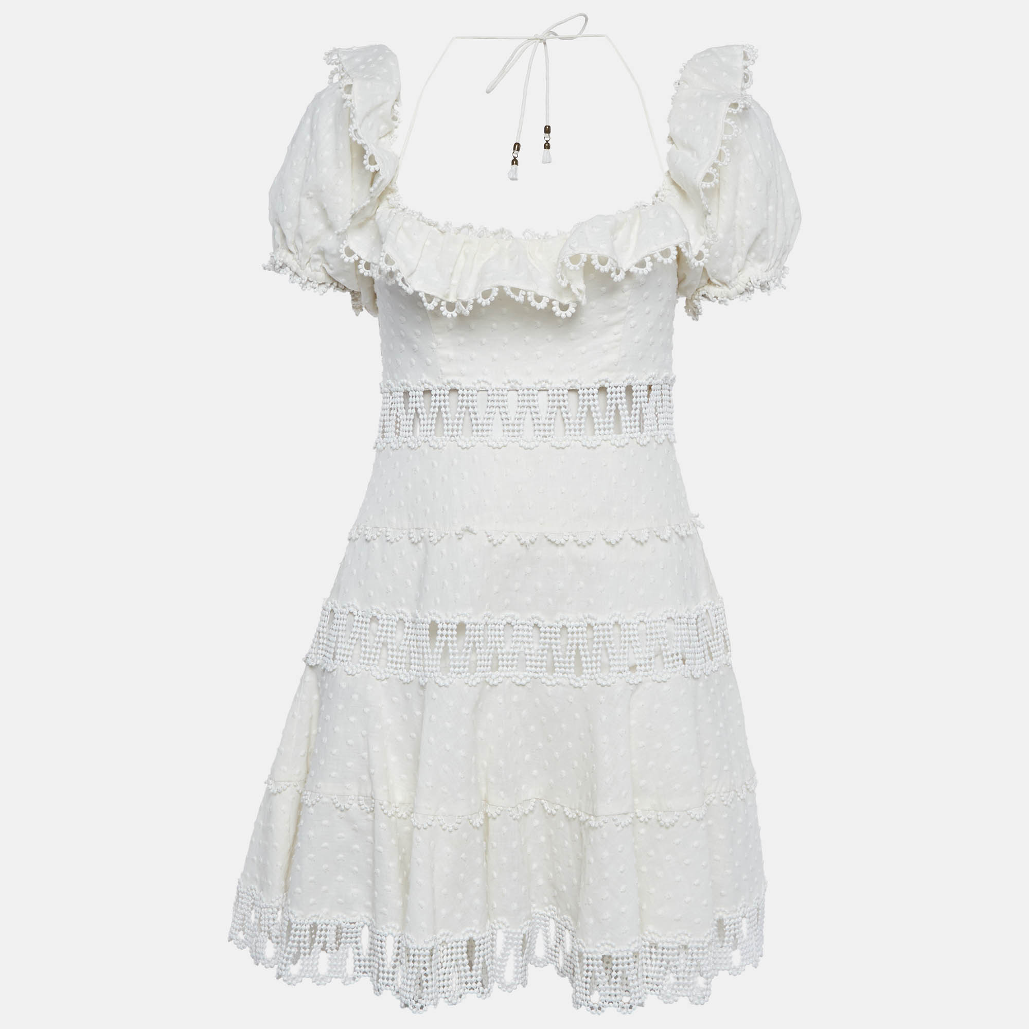 Zimmermann White Linen Blend Paneled Melody Off Shoulder Mini Dress