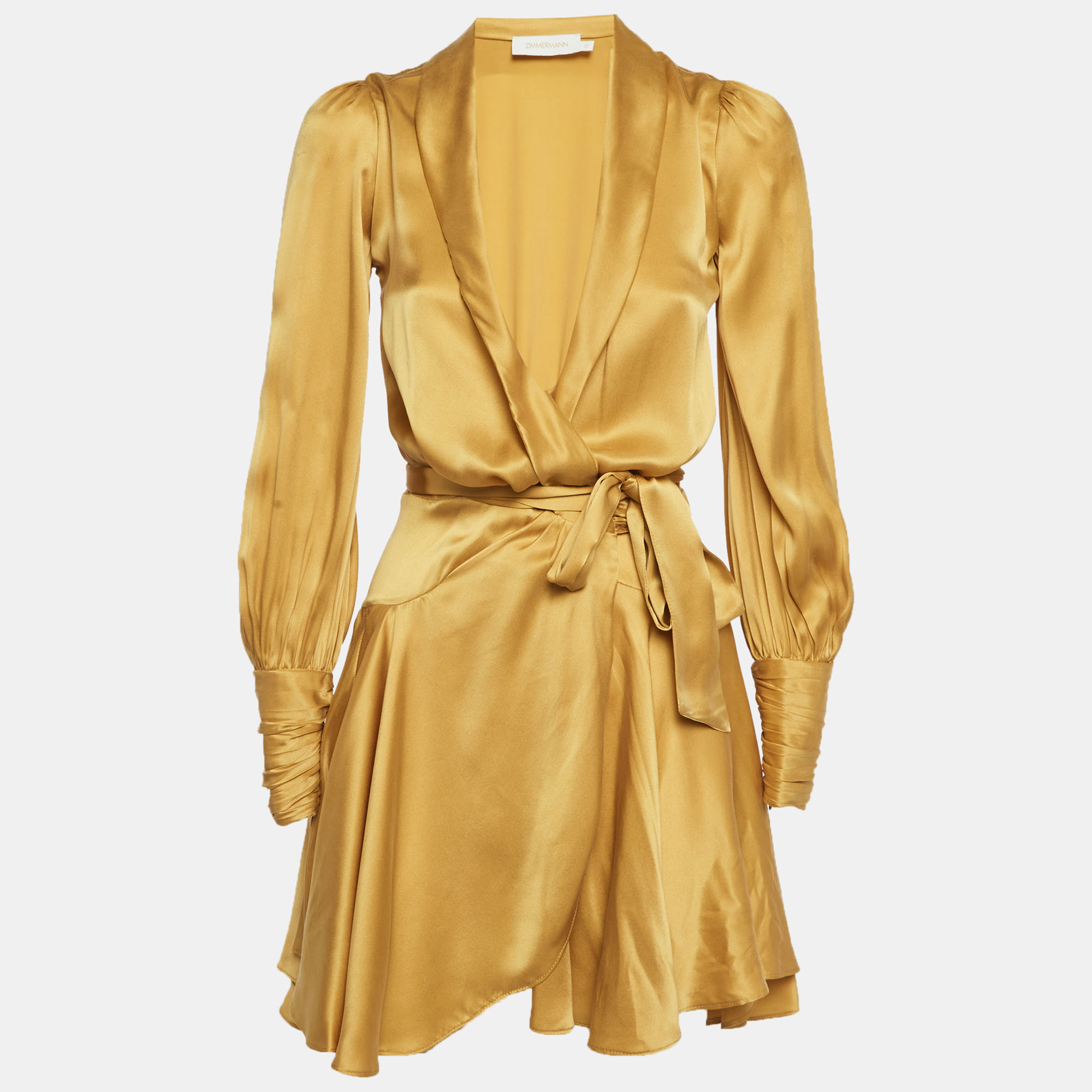 Zimmermann Gold Silk Wrap Ruffle Mini Dress