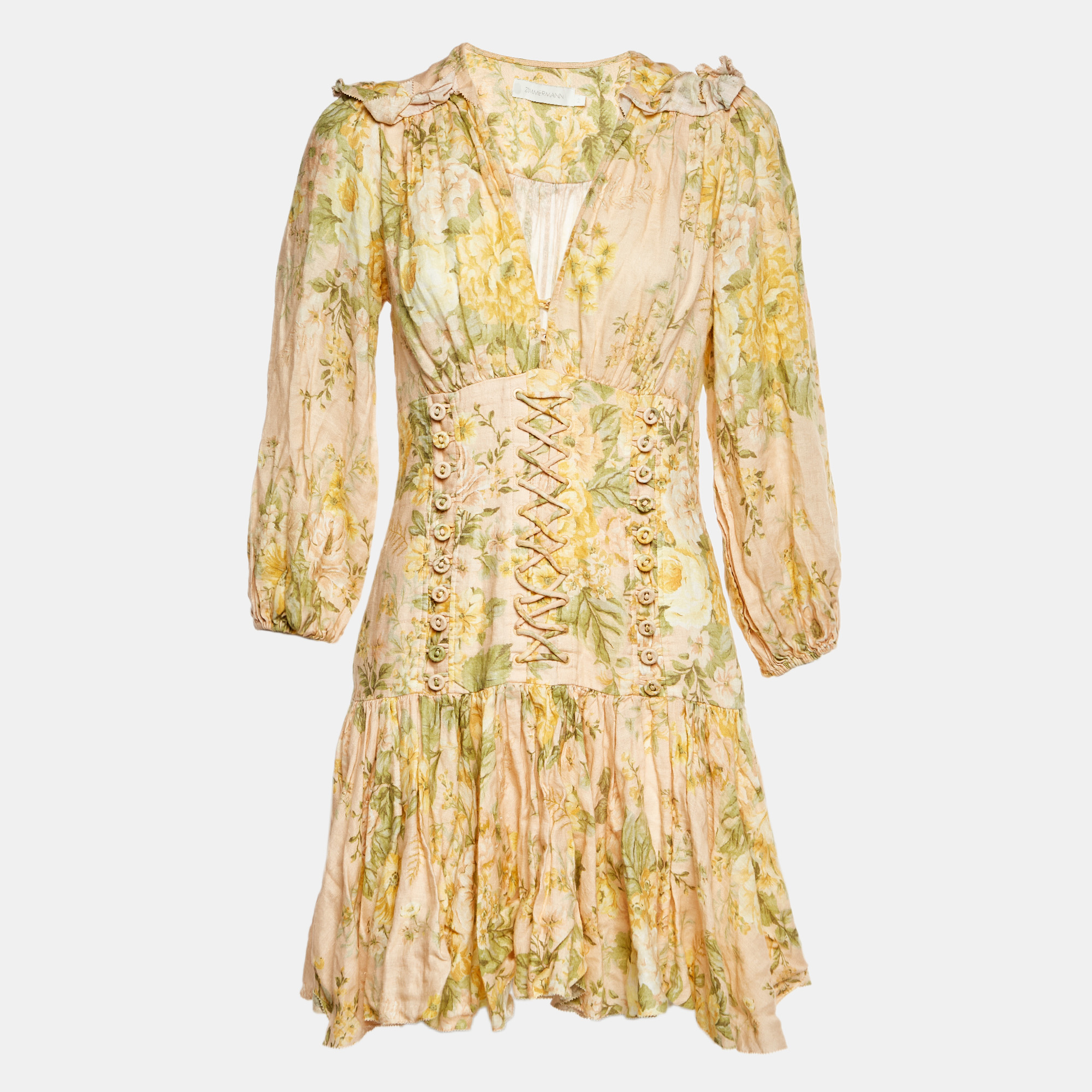 Zimmermann Pink Floral Print Linen Corset Mini Dress