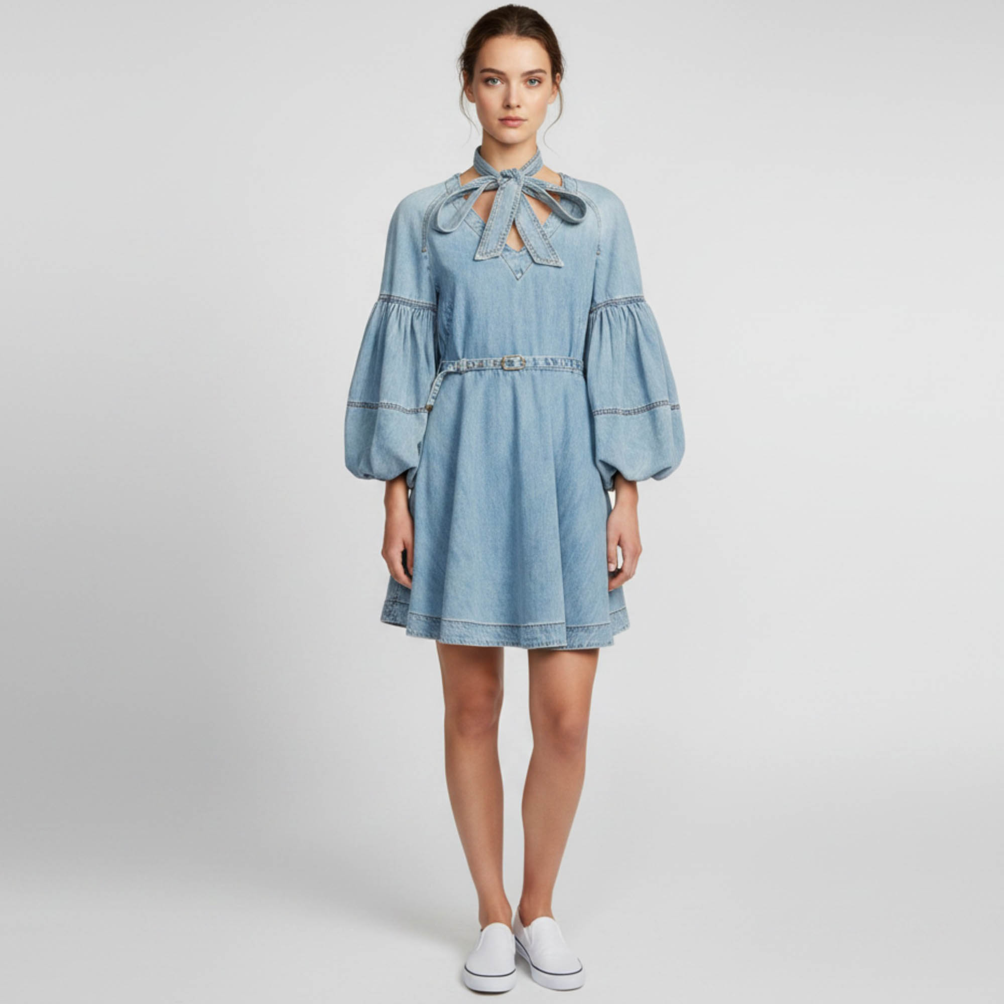 Zimmermann Blue Denim Puff Sleeved Neck Tie Mini Dress