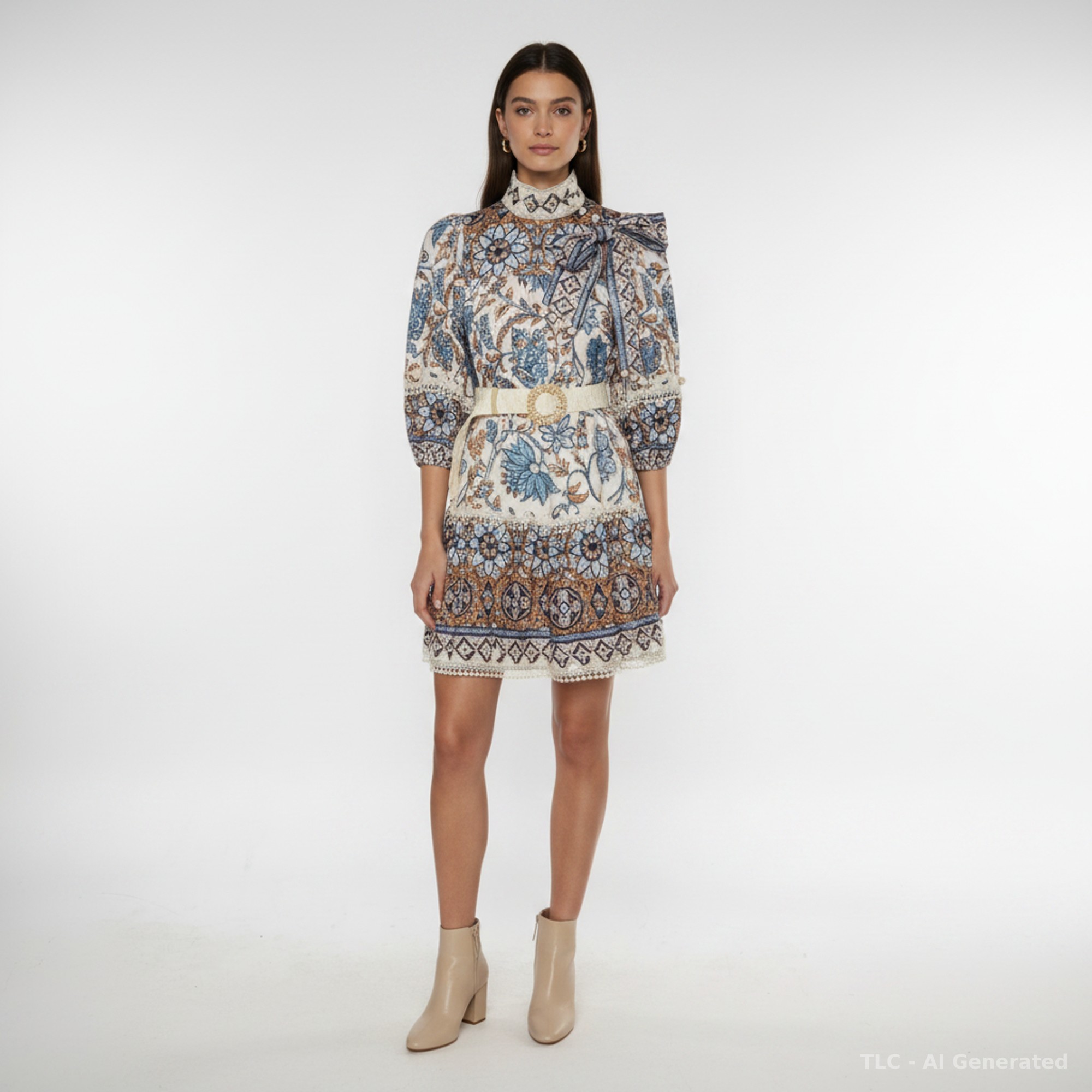 Zimmermann Blue Floral Print Linen High Neck Belted Mini Dress