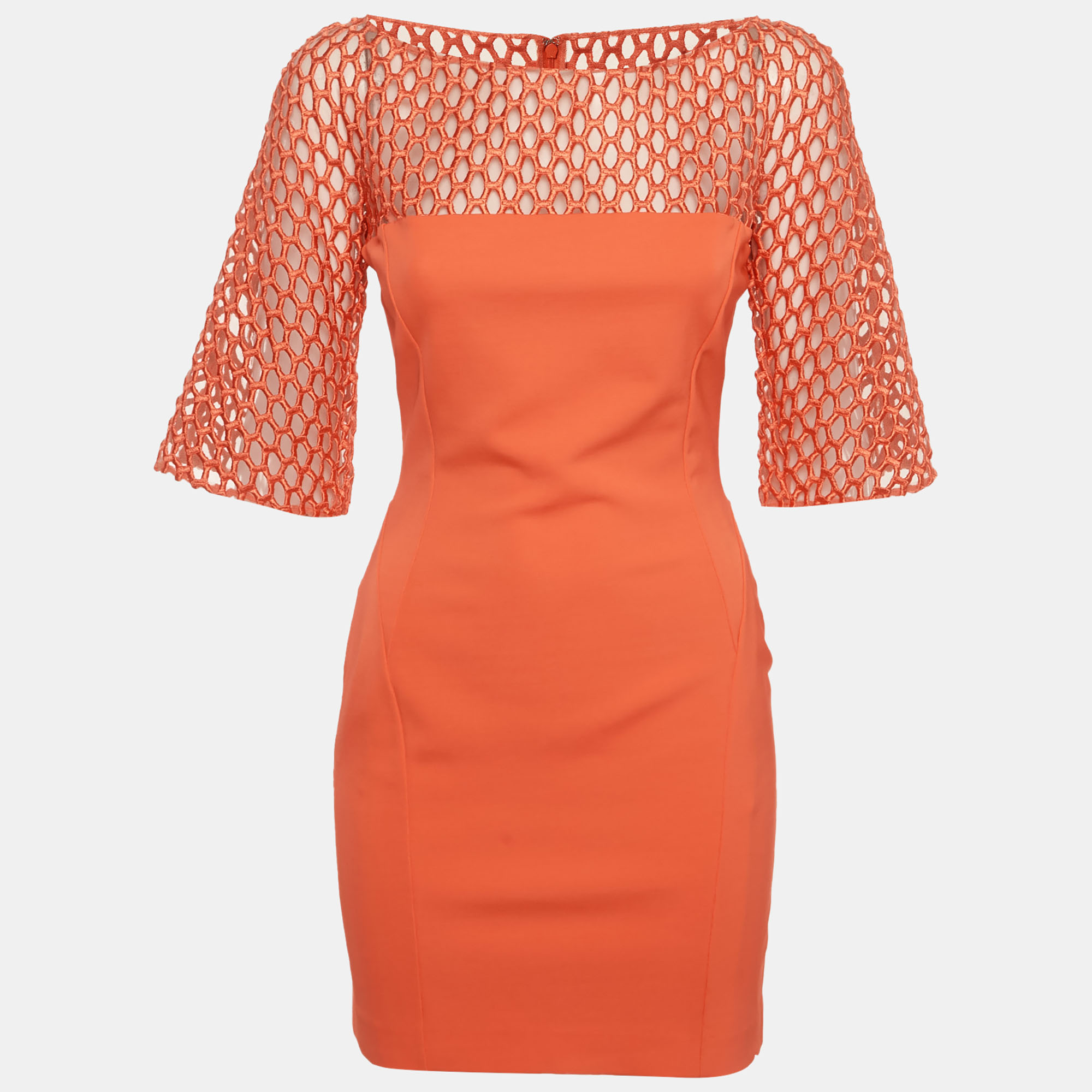 Zuhair Murad Orange Stretch Knit and Mesh Shift Mini Dress