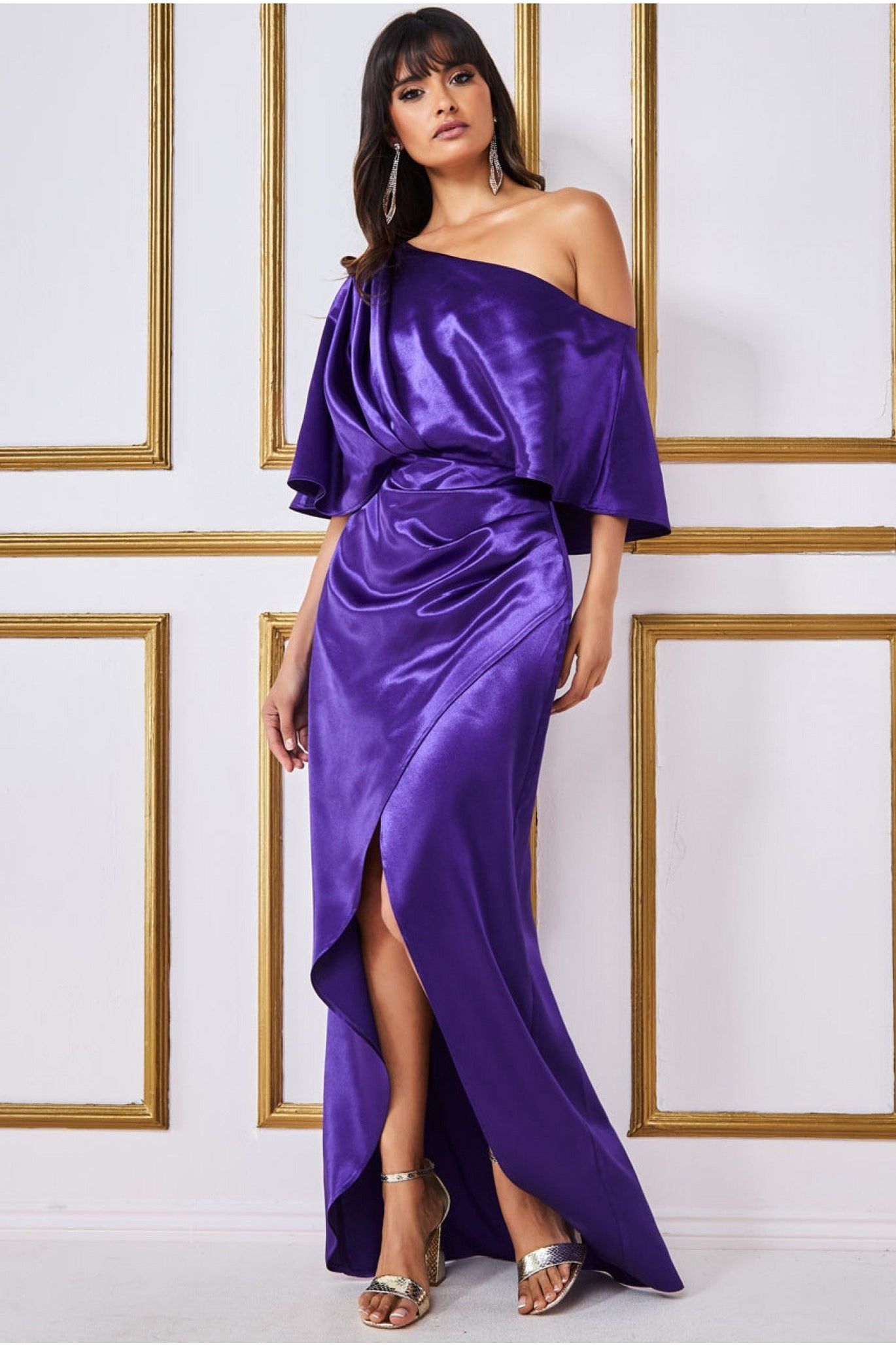 Goddiva Satin Drape Shoulder Wrap Maxi Dress