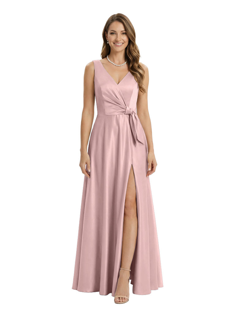 Elegant Ruched Satin Mother Of The Bride Dress V-Neck Maxi Gown Side Slit