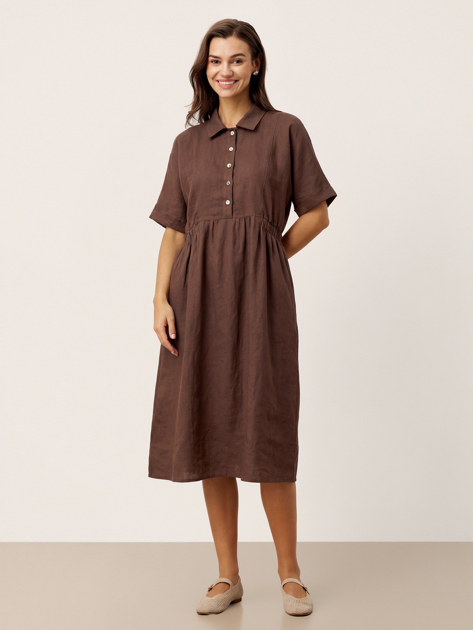 % Linen Striped Buttoned Front Short Sleeve Midi Shirt Dress CASSANDRA