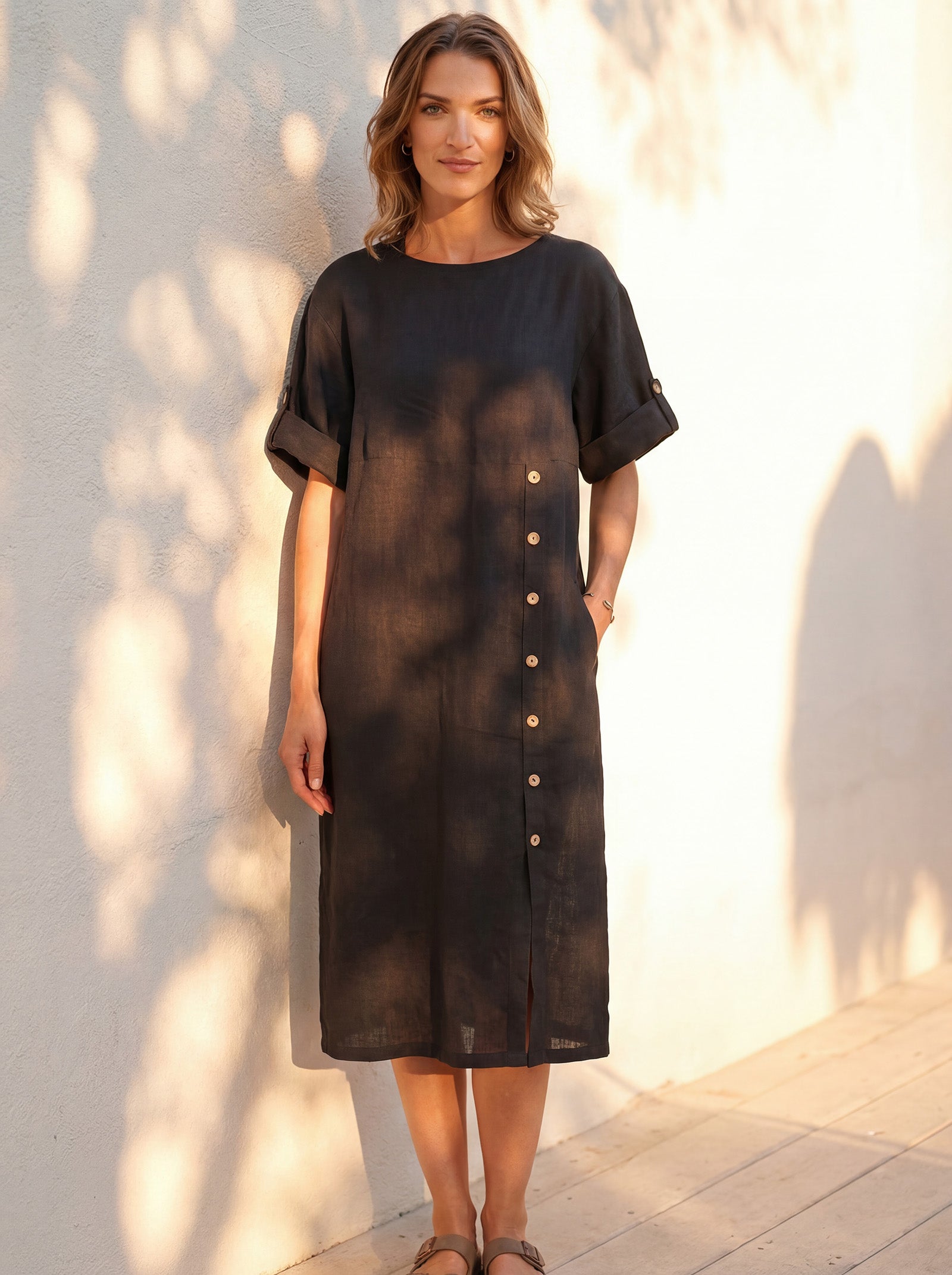 % Linen Round Neck Button Detail Midi Dress JELENA