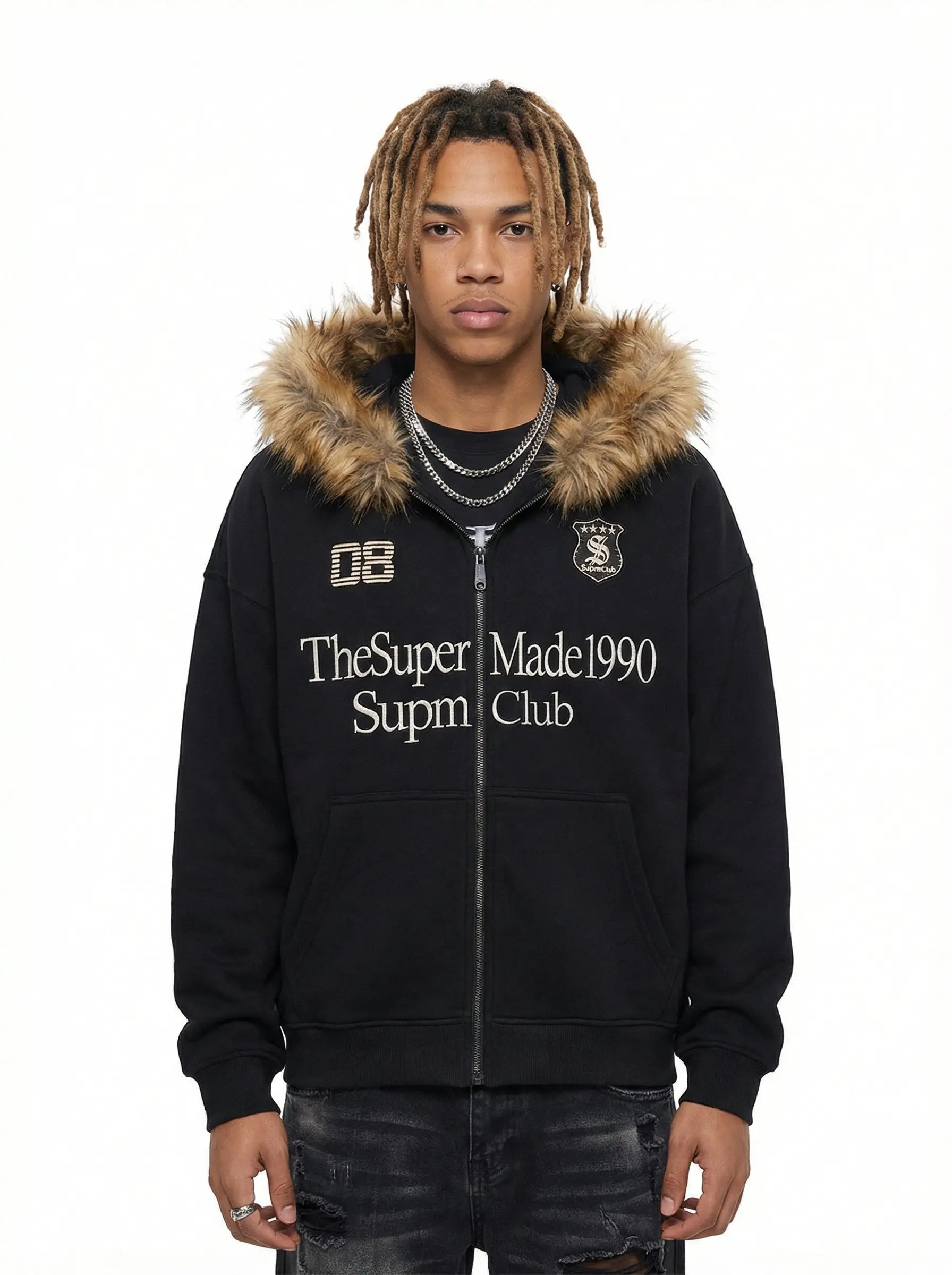 Letter Medal Embroidered Cardigan Fur Collar Zip Up Hoodie