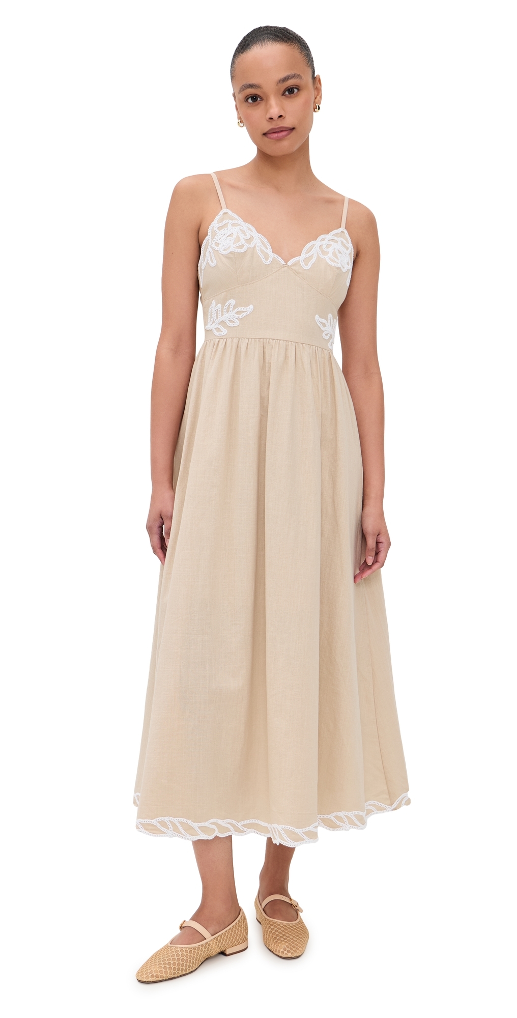 Moon River Spaghetti Strap Embo Artwork Midi Dress Taupe