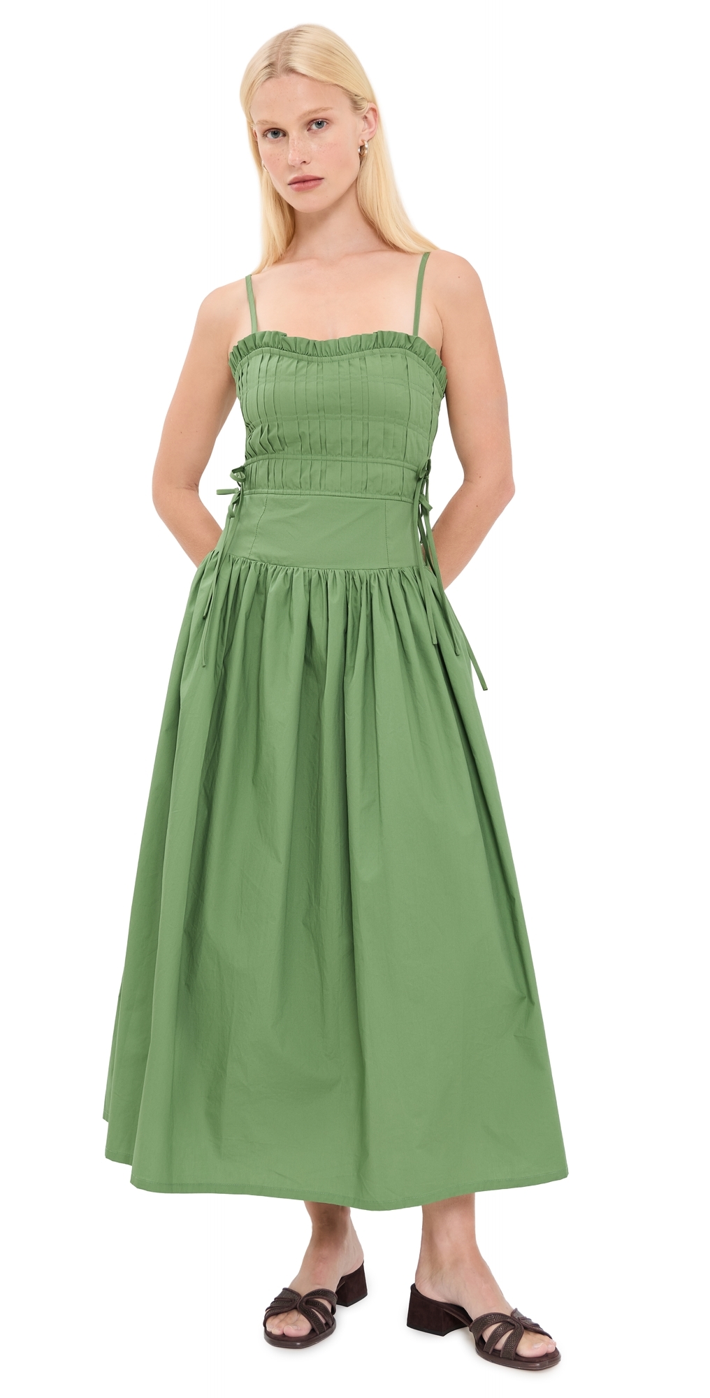 Moon River Pleated Midi Dress Moss Green
