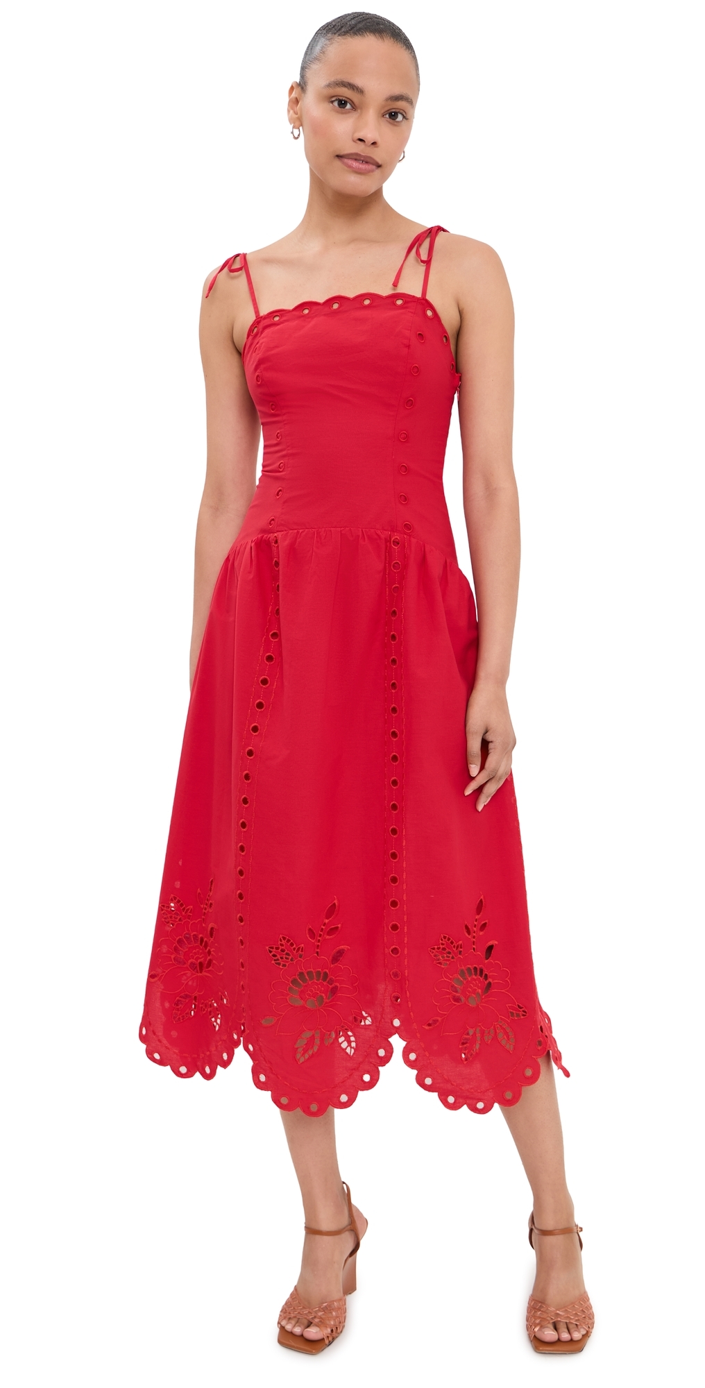 Moon River Eyelet Midi Dress Red