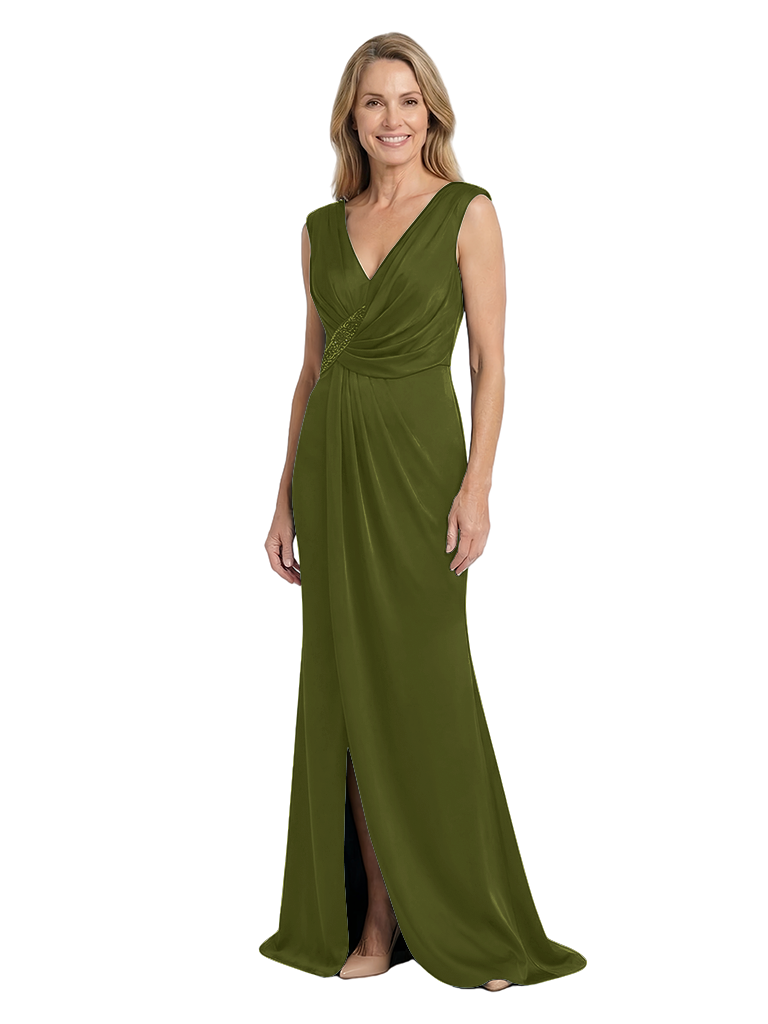 Chicsew Elegant Silky Satin V-Neck Spaghetti Straps Mermaid Maxi Mother of The Groom Dress - Olive-green