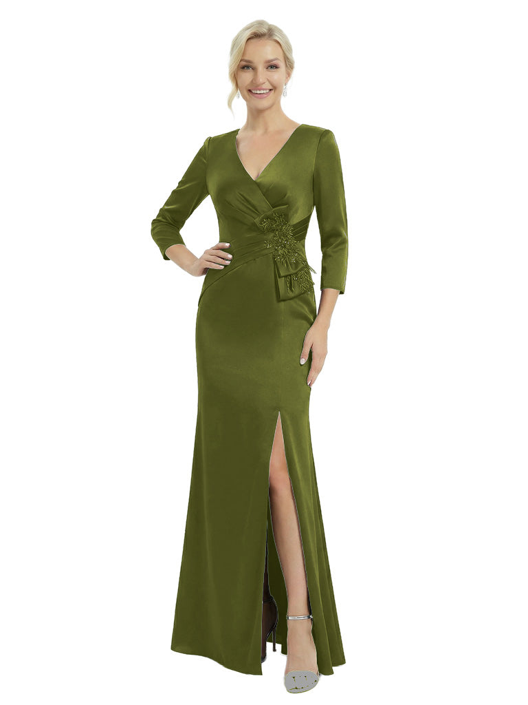 Sleeves V-Neck Satin Mother Of The Bride Dress Mermaid Maxi Gown Formal Wedding Attirermal Wedding Attire - Olive-green